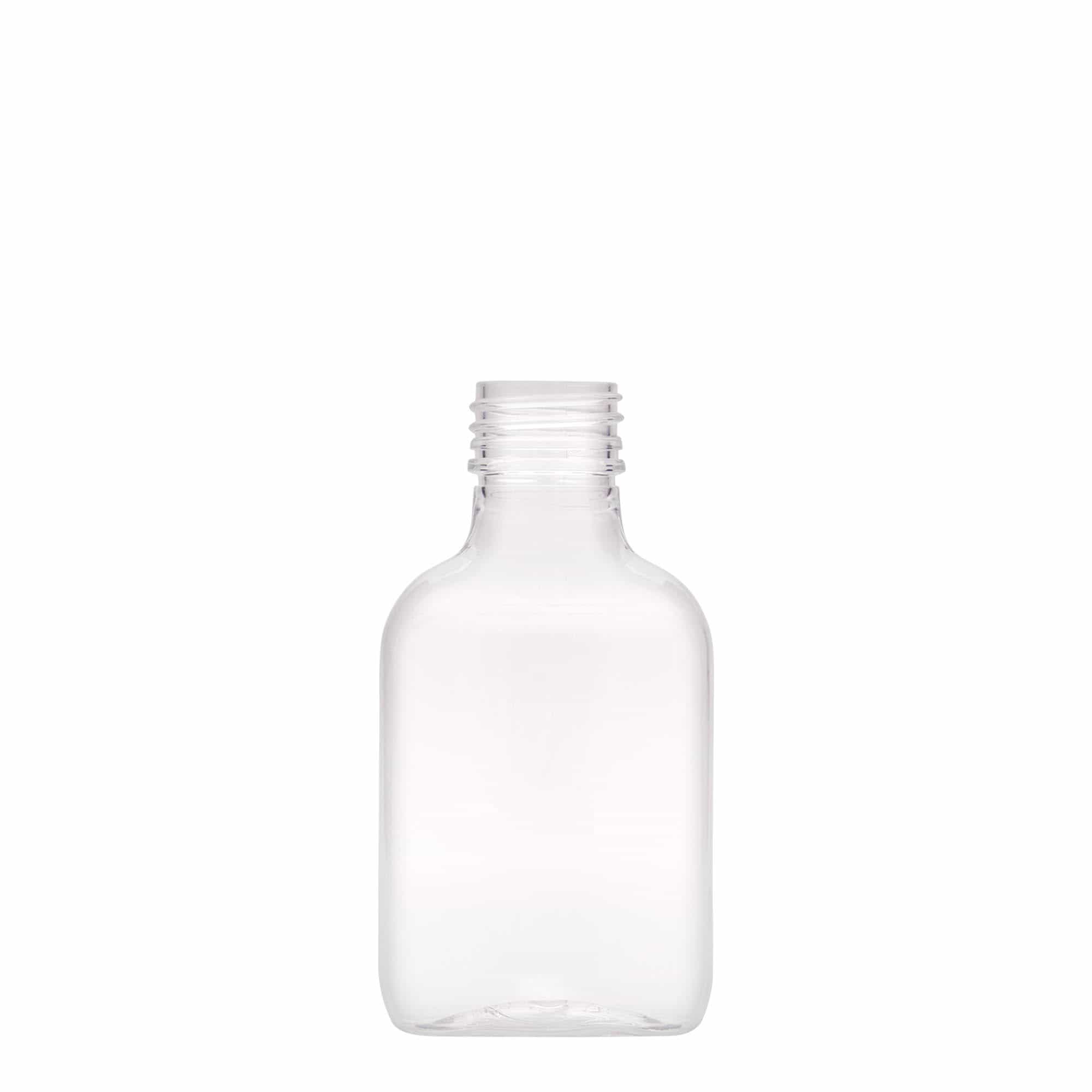 Botella de bolsillo de 100 ml, ovalada, plástico de PET, boca: PP 28 Botella de bolsillo de 100 ml, ovalada, plástico de PET, boca: PP 28