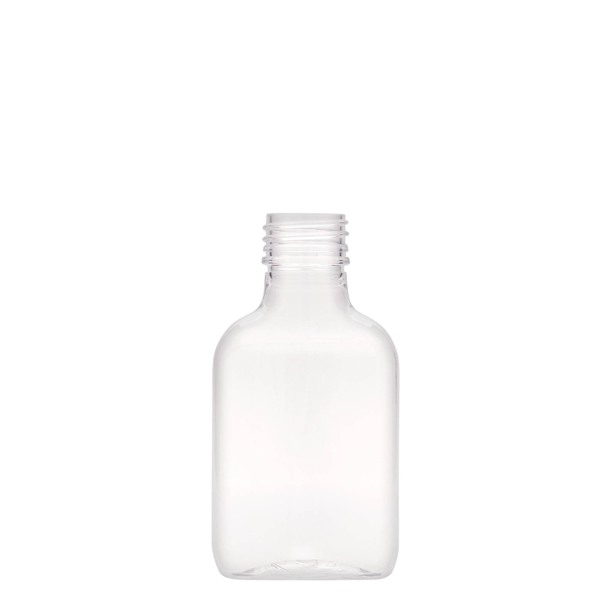 Botella de bolsillo de 100 ml, ovalada, plástico PET, boca: PP 28 Botella de bolsillo de 100 ml, ovalada, plástico PET, boca: PP 28