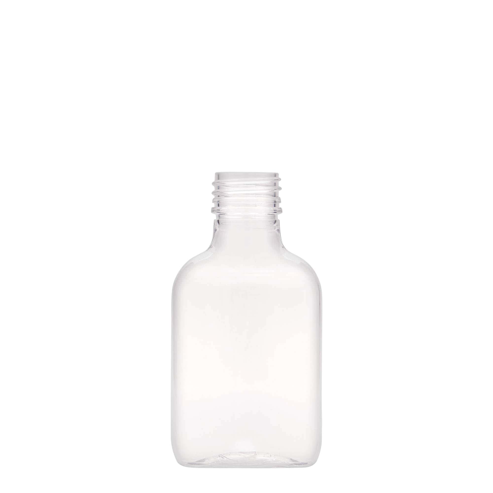 Botella de bolsillo de 100 ml, ovalada, plástico PET, boca: PP 28