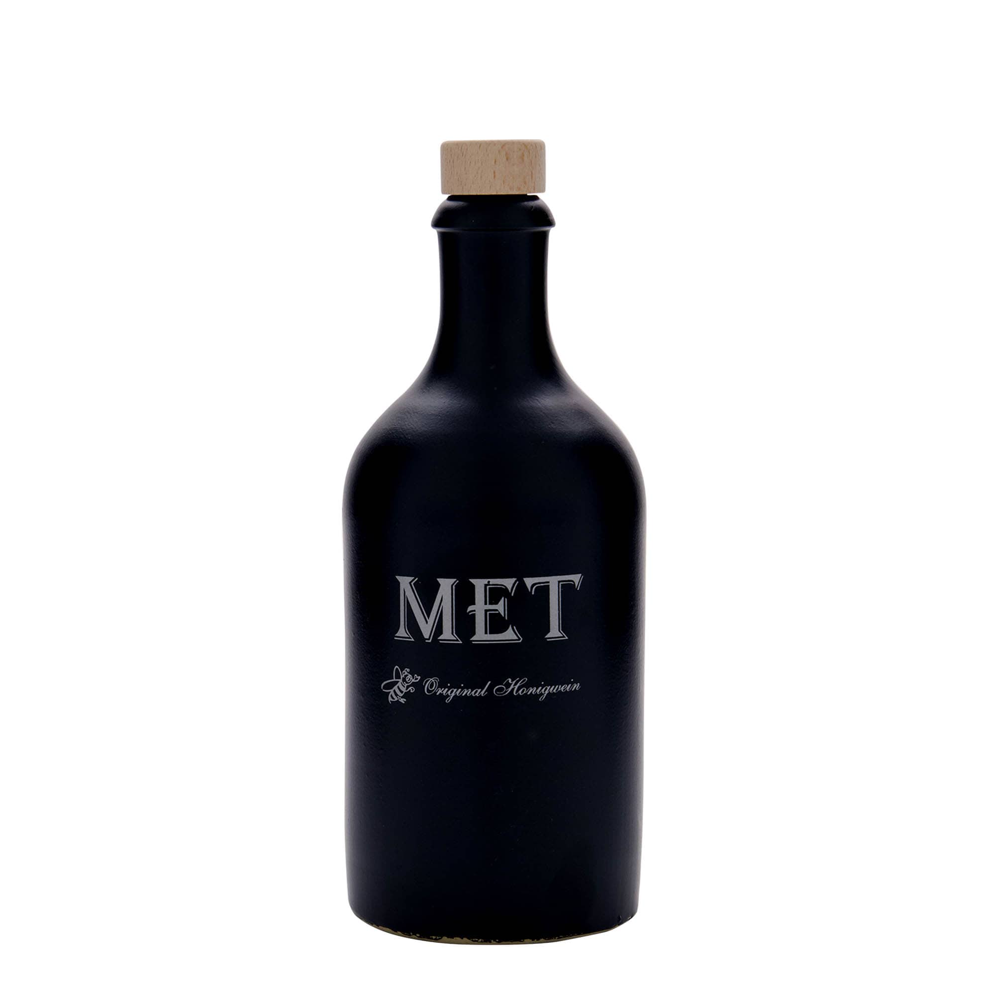 Jarra de barro de 500 ml, motivo: hidromiel, gres, negro, boca: corcho