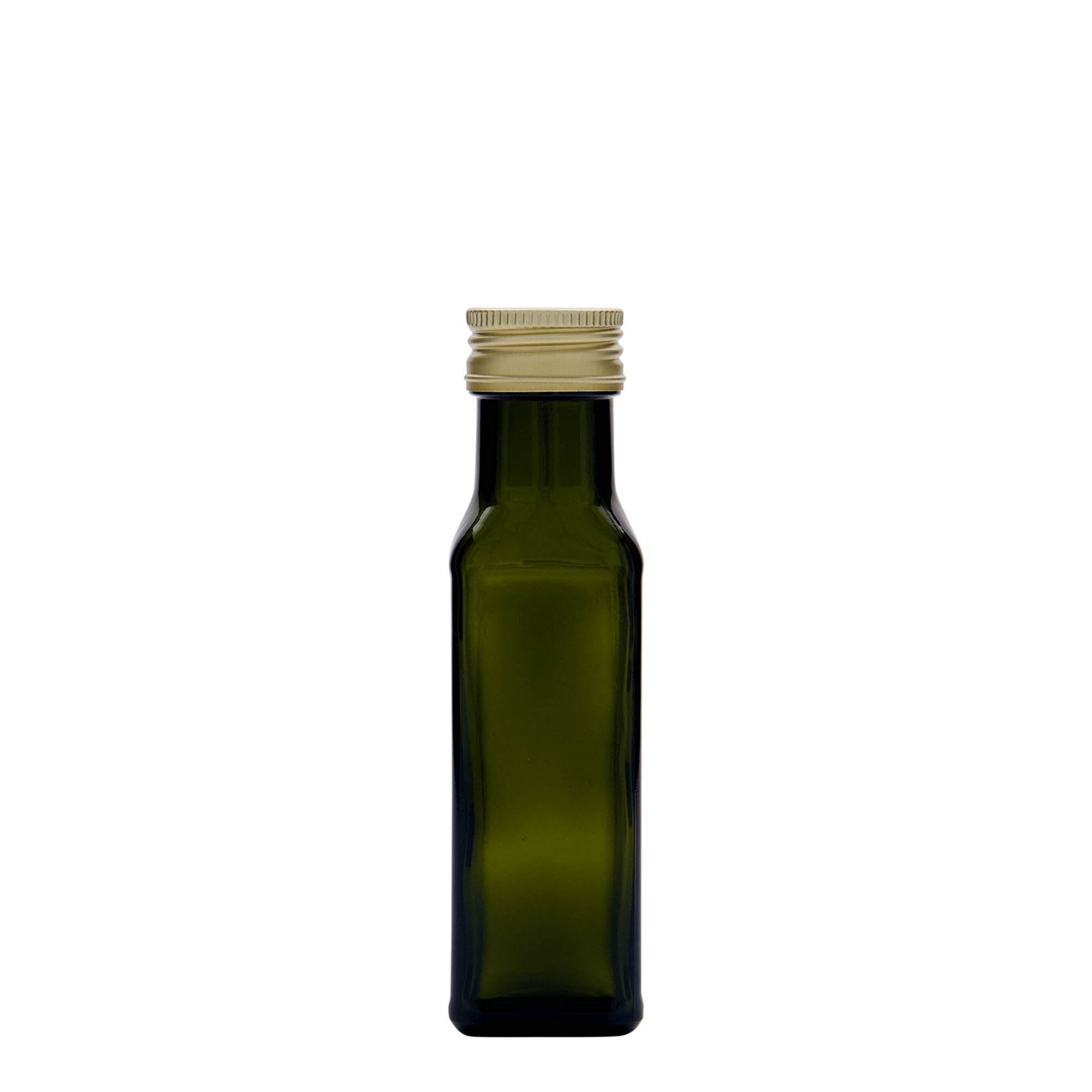 Botella de vidrio de 100 ml 'Marasca', cuadrada, verde antiguo, boca: PP 31,5 Botella de vidrio de 100 ml 'Marasca', cuadrada, verde antiguo, boca: PP 31,5