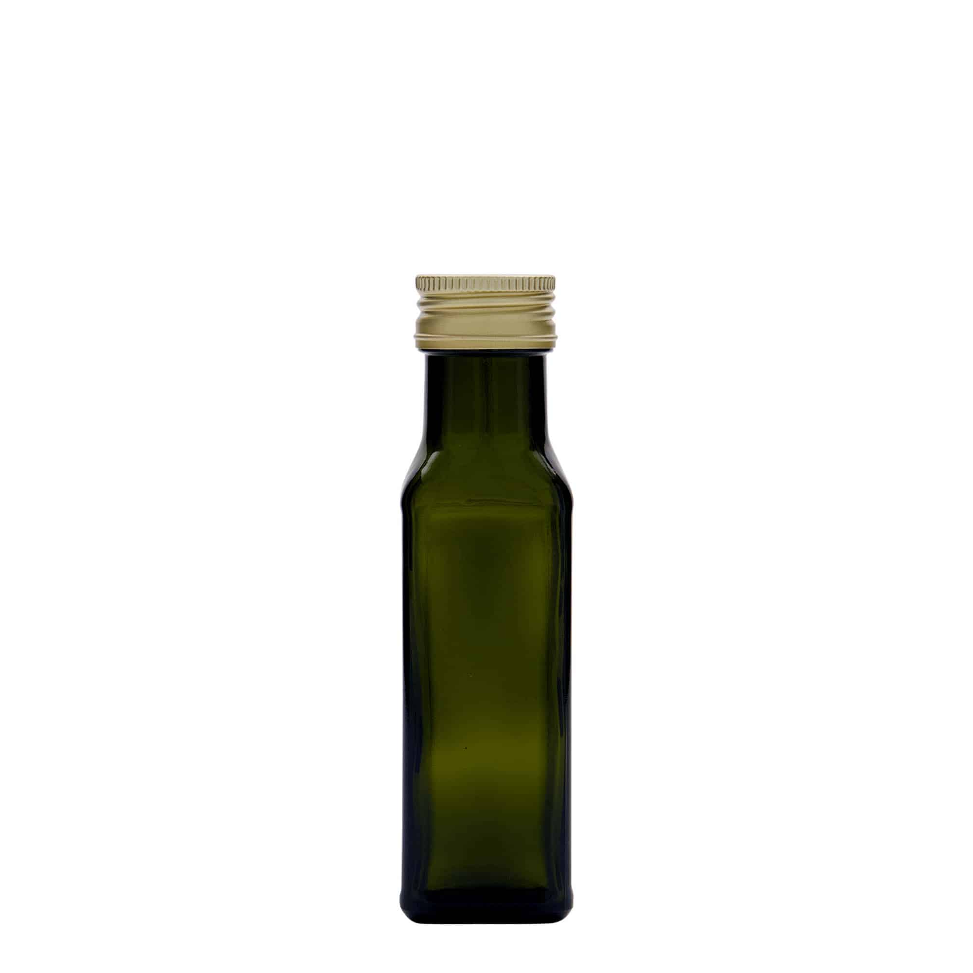 Botella de vidrio de 100 ml «Marasca», cuadrada, verde antiguo, boca: PP 31,5