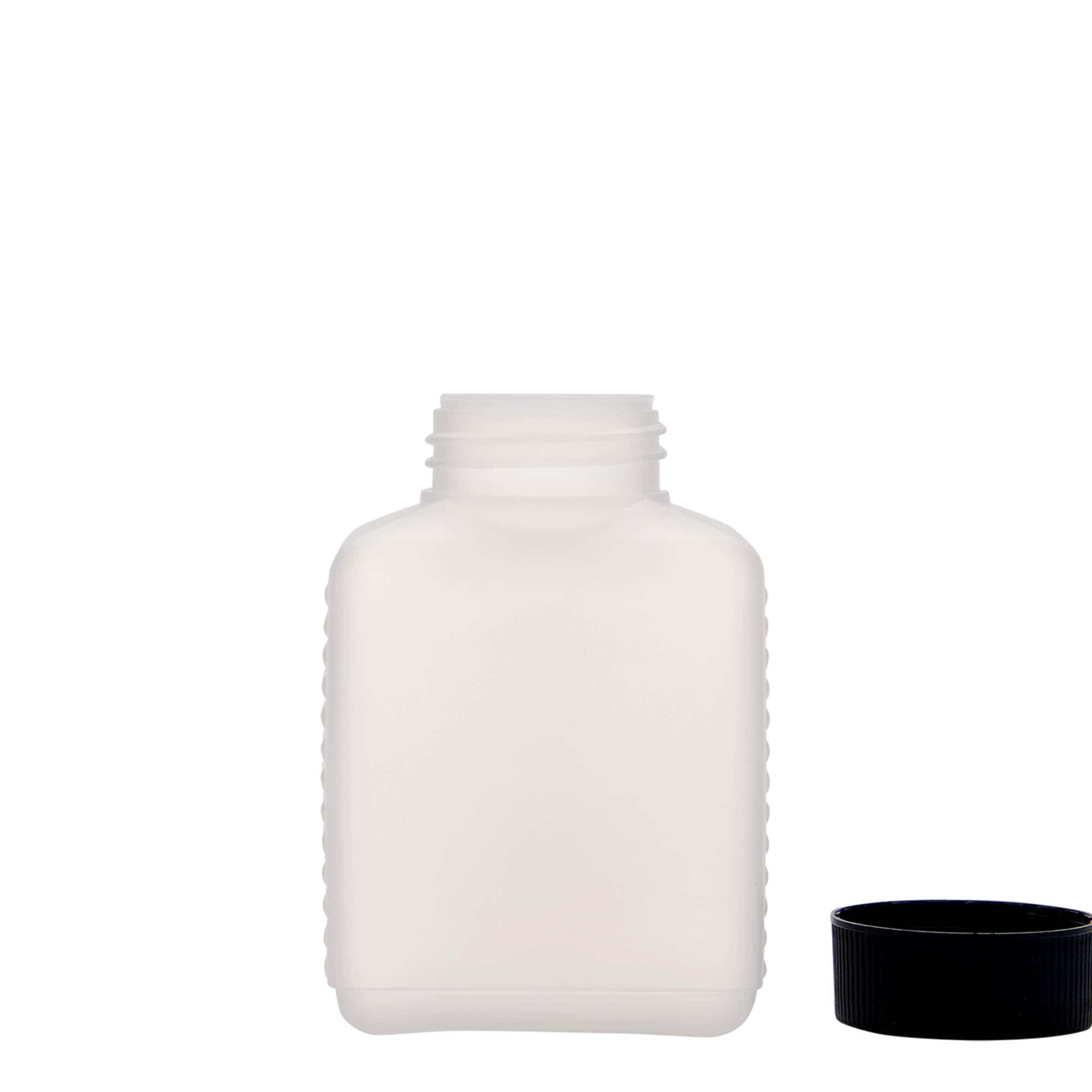 Botella de cuello ancho de 250 ml, rectangular, plástico de HDPE, natural, boca: DIN 40 EPE