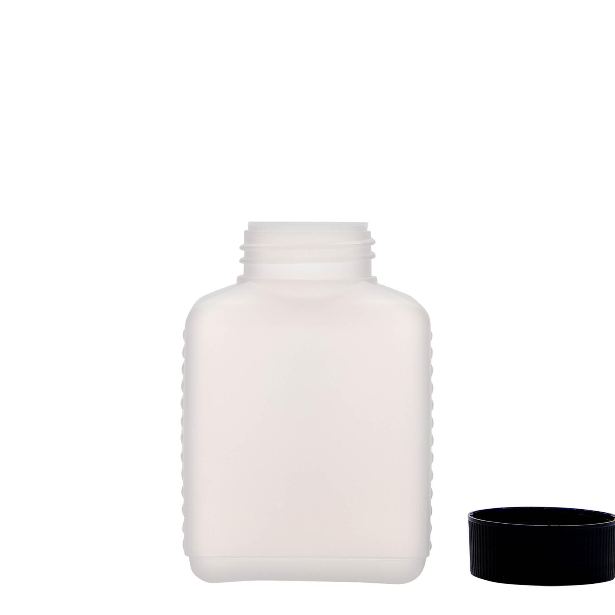 250 ml botella de cuello ancho, rectangular, plástico HDPE, natural, boca: DIN 40 EPE 250 ml botella de cuello ancho, rectangular, plástico HDPE, natural, boca: DIN 40 EPE