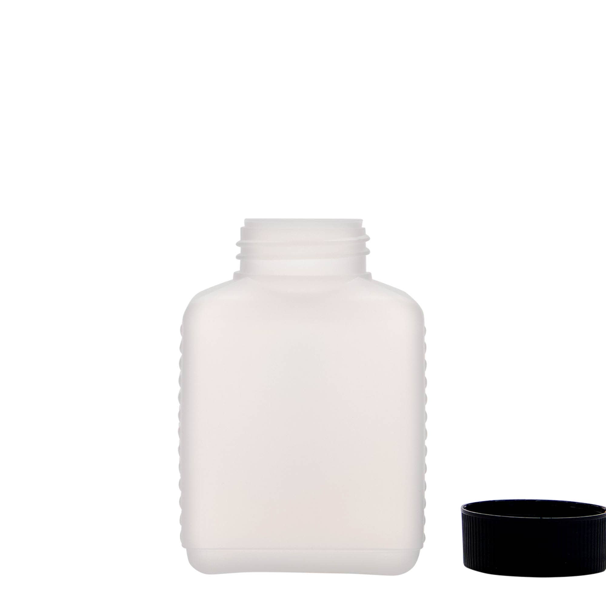 250 ml botella de cuello ancho, rectangular, plástico HDPE, natural, boca: DIN 40 EPE
