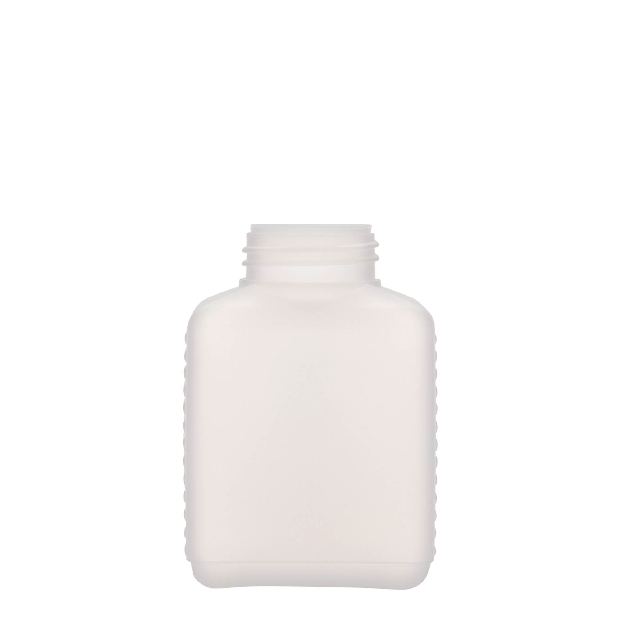 250 ml botella de cuello ancho, rectangular, plástico HDPE, natural, boca: DIN 40 EPE 250 ml botella de cuello ancho, rectangular, plástico HDPE, natural, boca: DIN 40 EPE