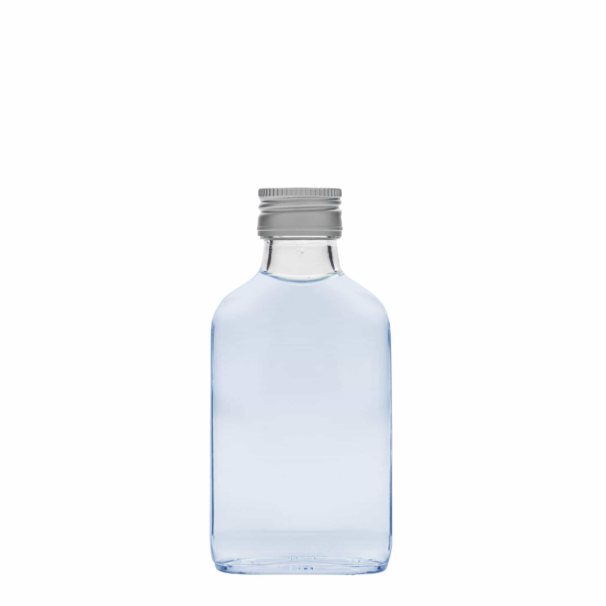Botella de bolsillo de 100 ml, rectangular, vidrio, boca: PP 28