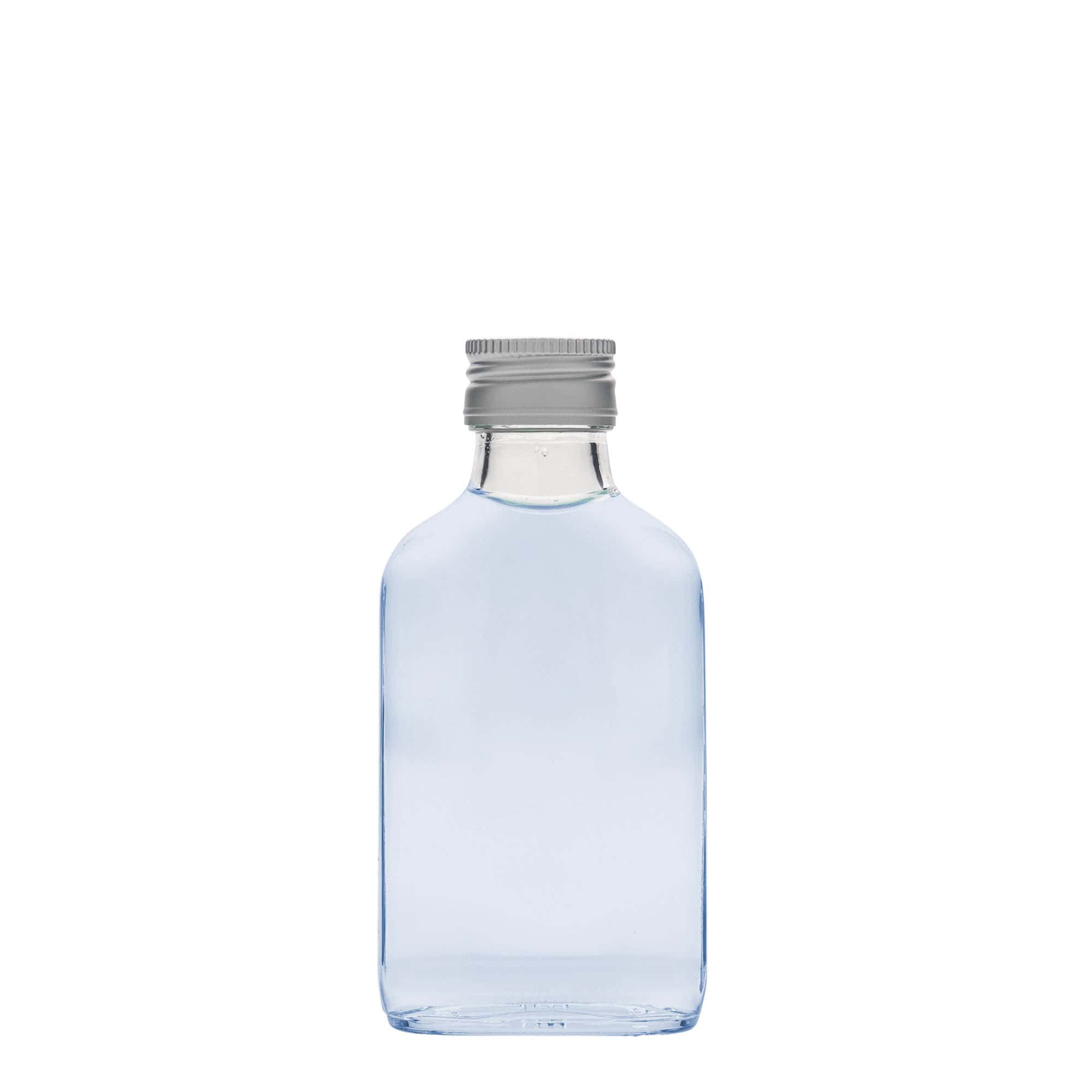 Botella de bolsillo de 100 ml, rectangular, vidrio, boca: PP 28 Botella de bolsillo de 100 ml, rectangular, vidrio, boca: PP 28