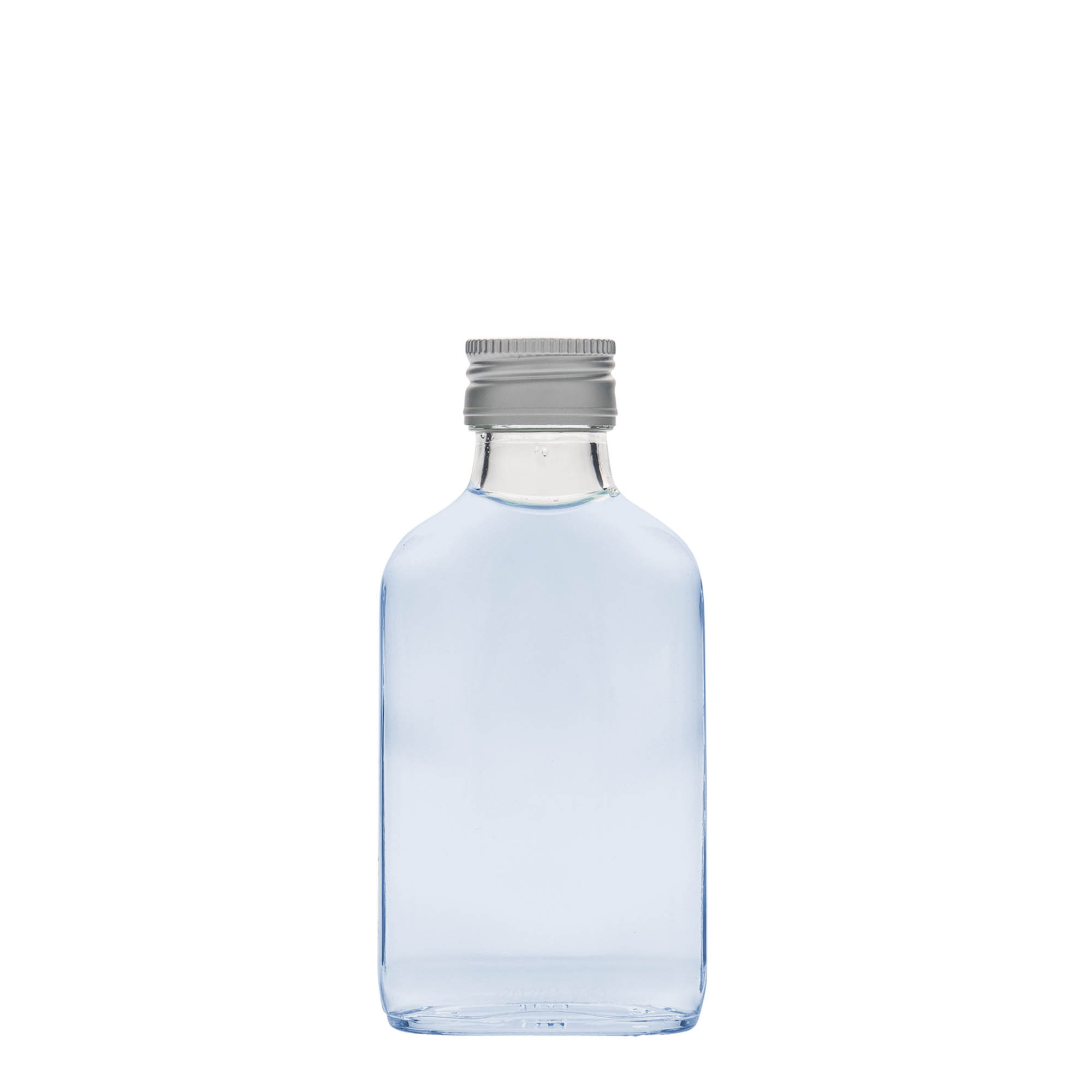 Botella de bolsillo de 100 ml, rectangular, vidrio, boca: PP 28 Botella de bolsillo de 100 ml, rectangular, vidrio, boca: PP 28