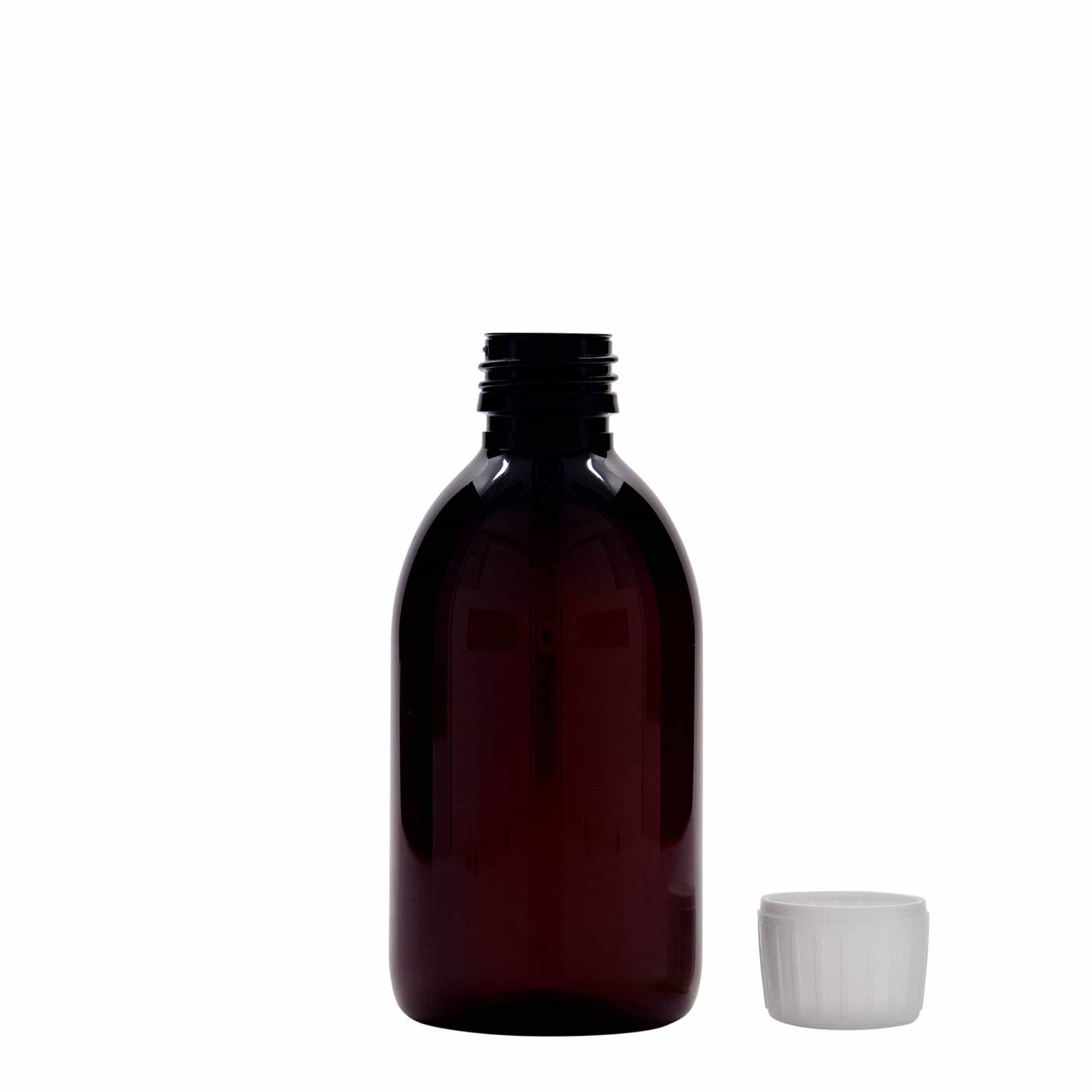 Frasco de medicamentos de PET de 250 ml, marrón, plástico, boca: PP 28