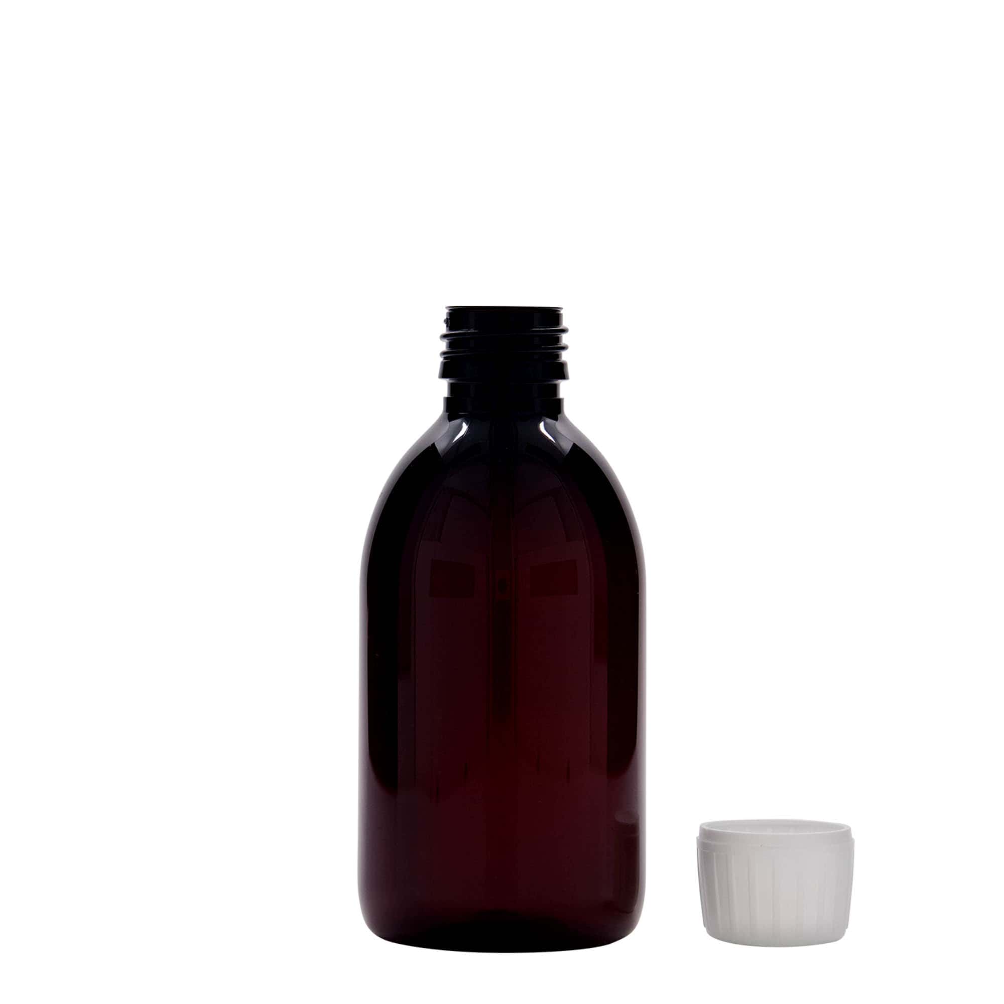 250 ml botella médica de PET, marrón, plástico, boca: PP 28