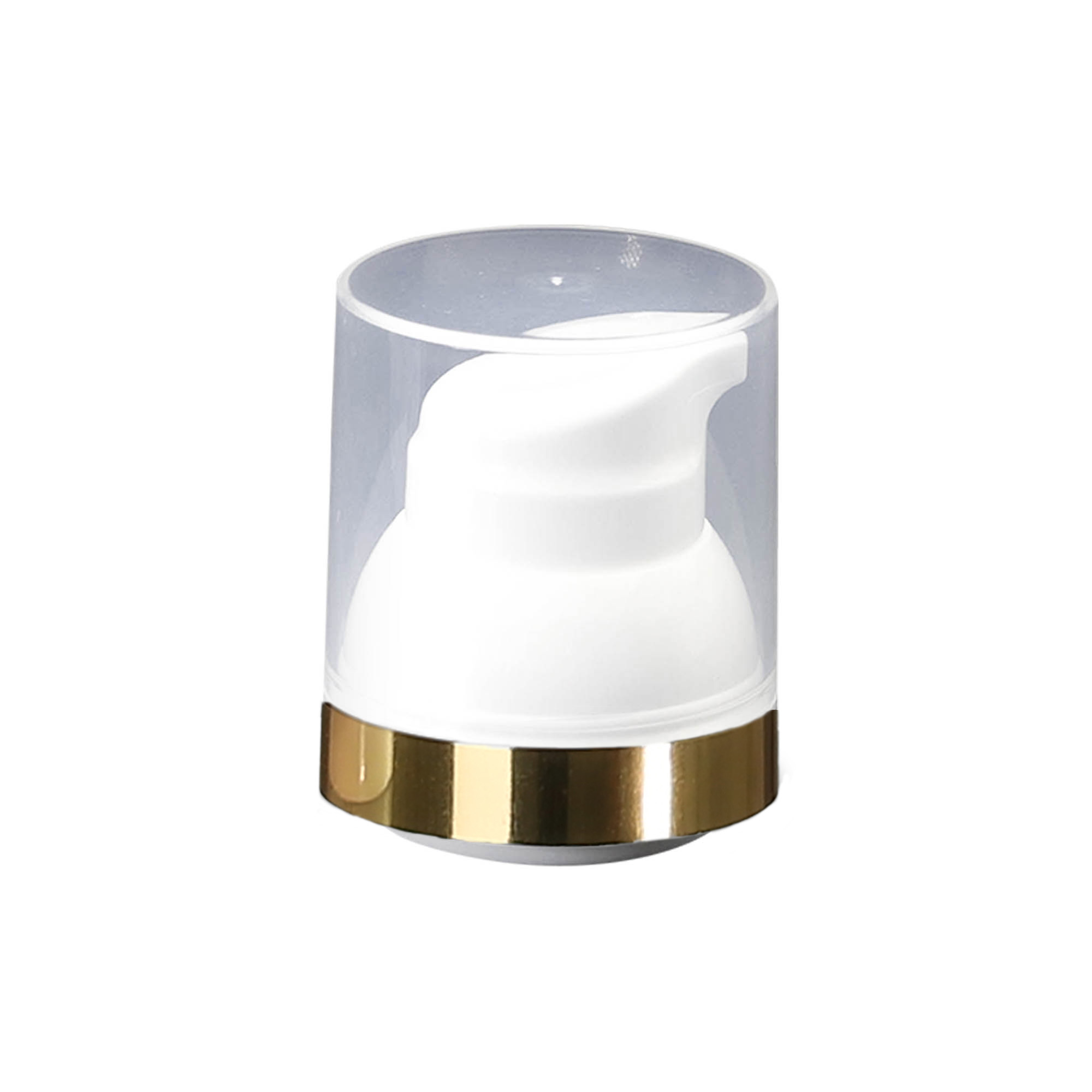 Cabezal de bomba dispensadora airless "Mezzo", tipo D, plástico PP, blanco con borde dorado y tapa transparente