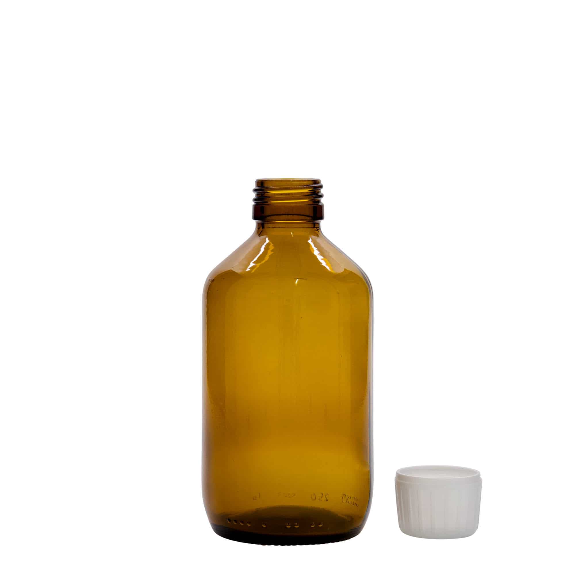 Frasco de medicamentos de 250 ml, marrón, vidrio, boca: PP 28