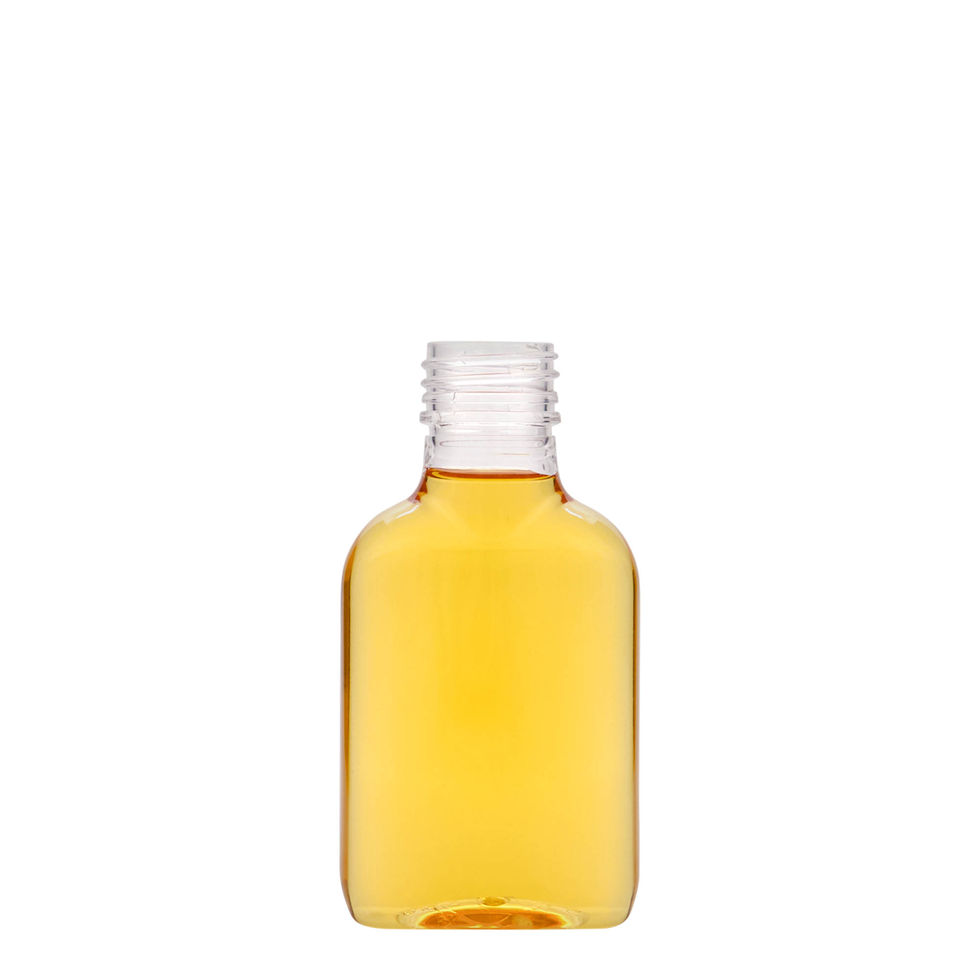 Botella de bolsillo de 100 ml, ovalada, plástico PET, boca: PP 28