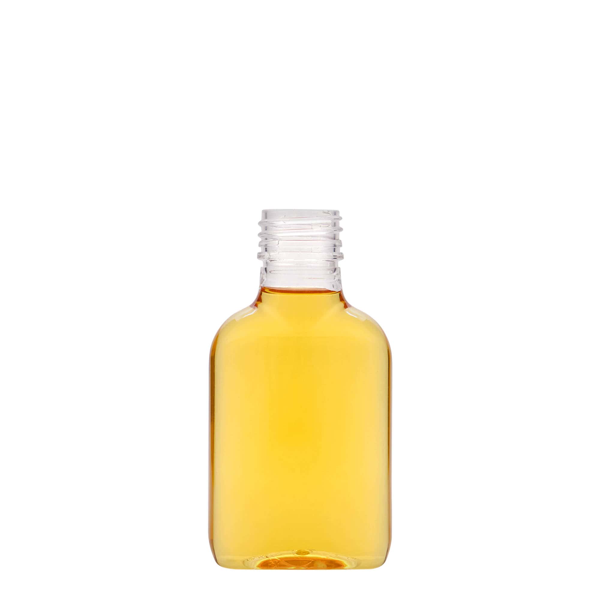 Botella de bolsillo de 100 ml, ovalada, plástico PET, boca: PP 28