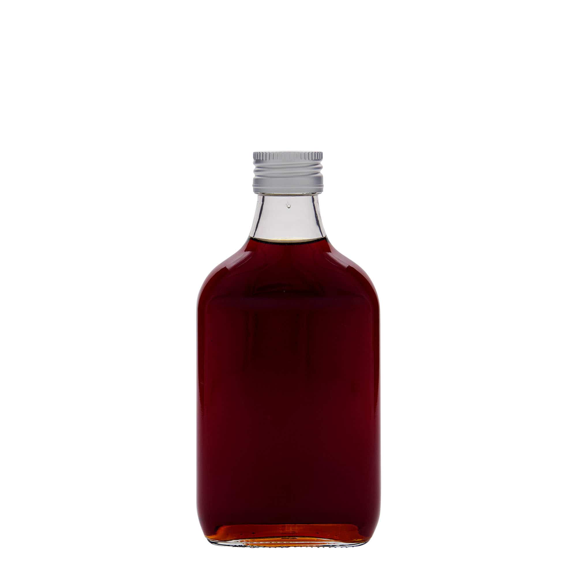 Botella de bolsillo de 200 ml, rectangular, vidrio, boca: PP 28