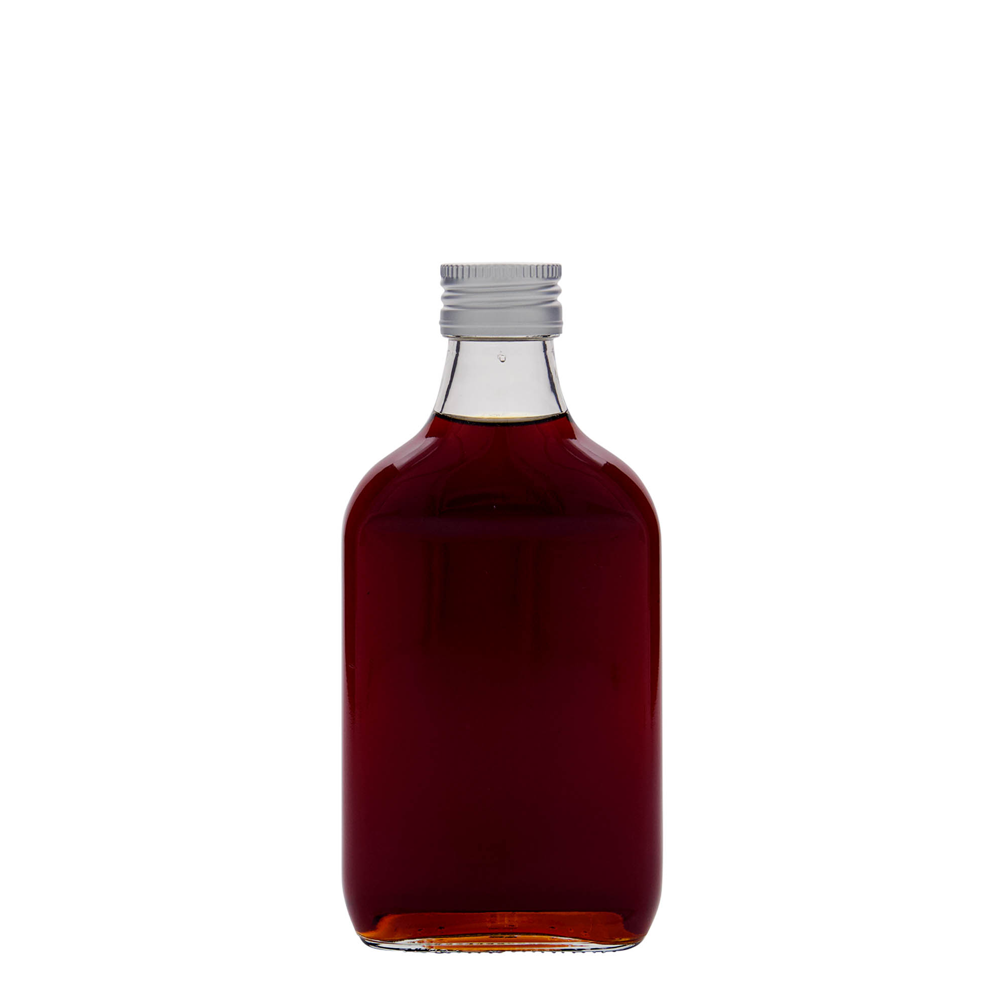 Botella de bolsillo de 200 ml, rectangular, vidrio, boca: PP 28
