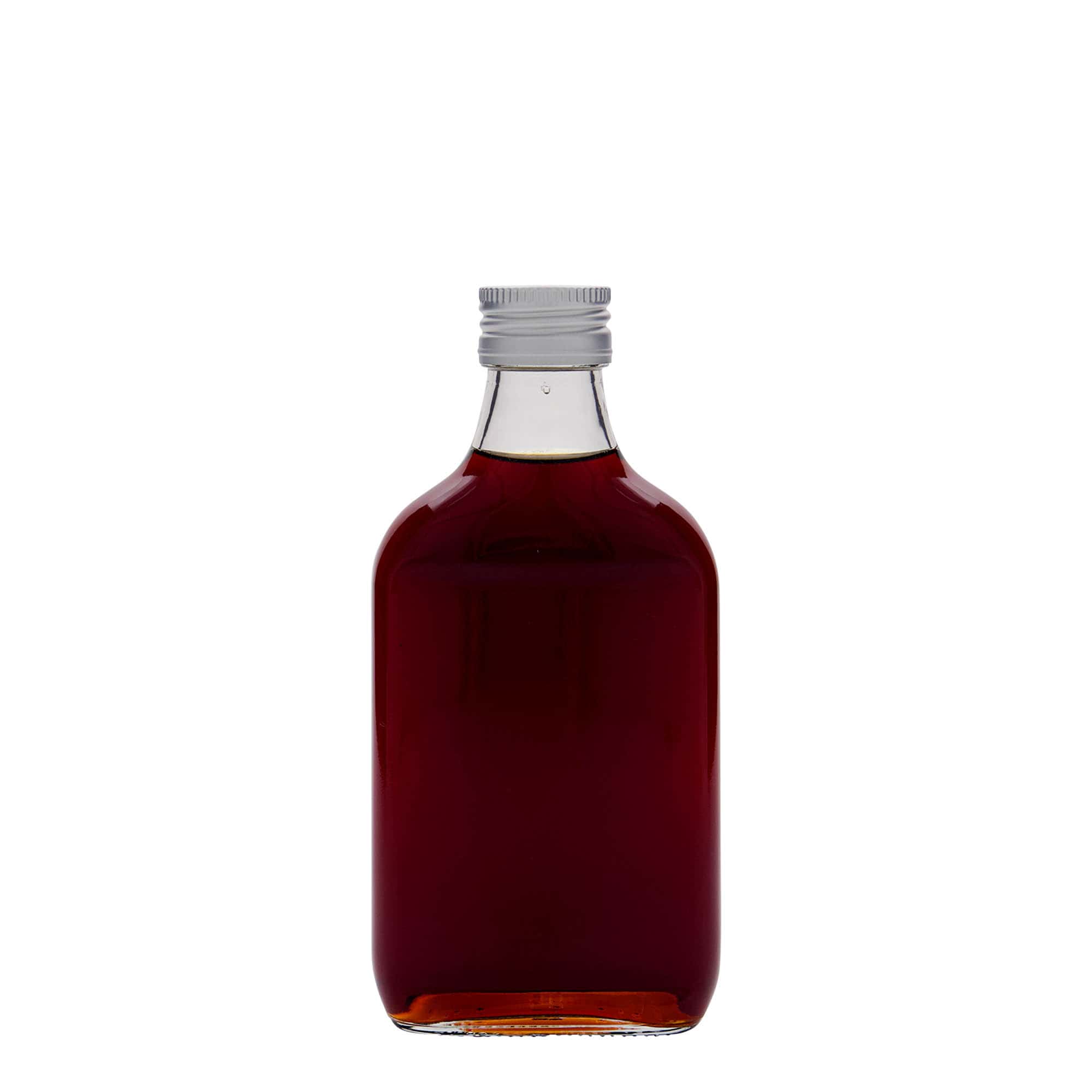 Botella de bolsillo de 200 ml, rectangular, vidrio, boca: PP 28