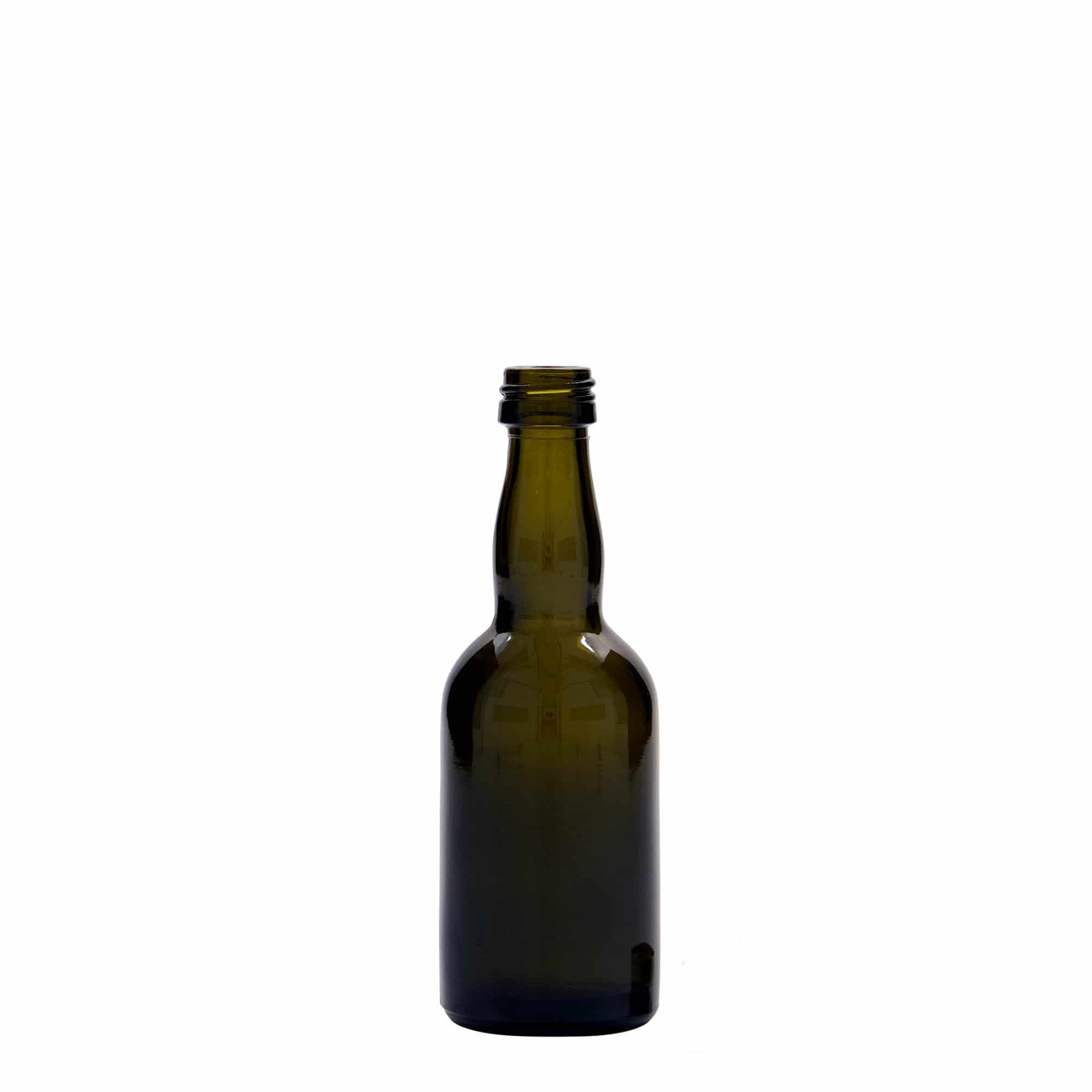 Botella de vidrio de 50 ml 'Proba', verde antiguo, boca: PP 18