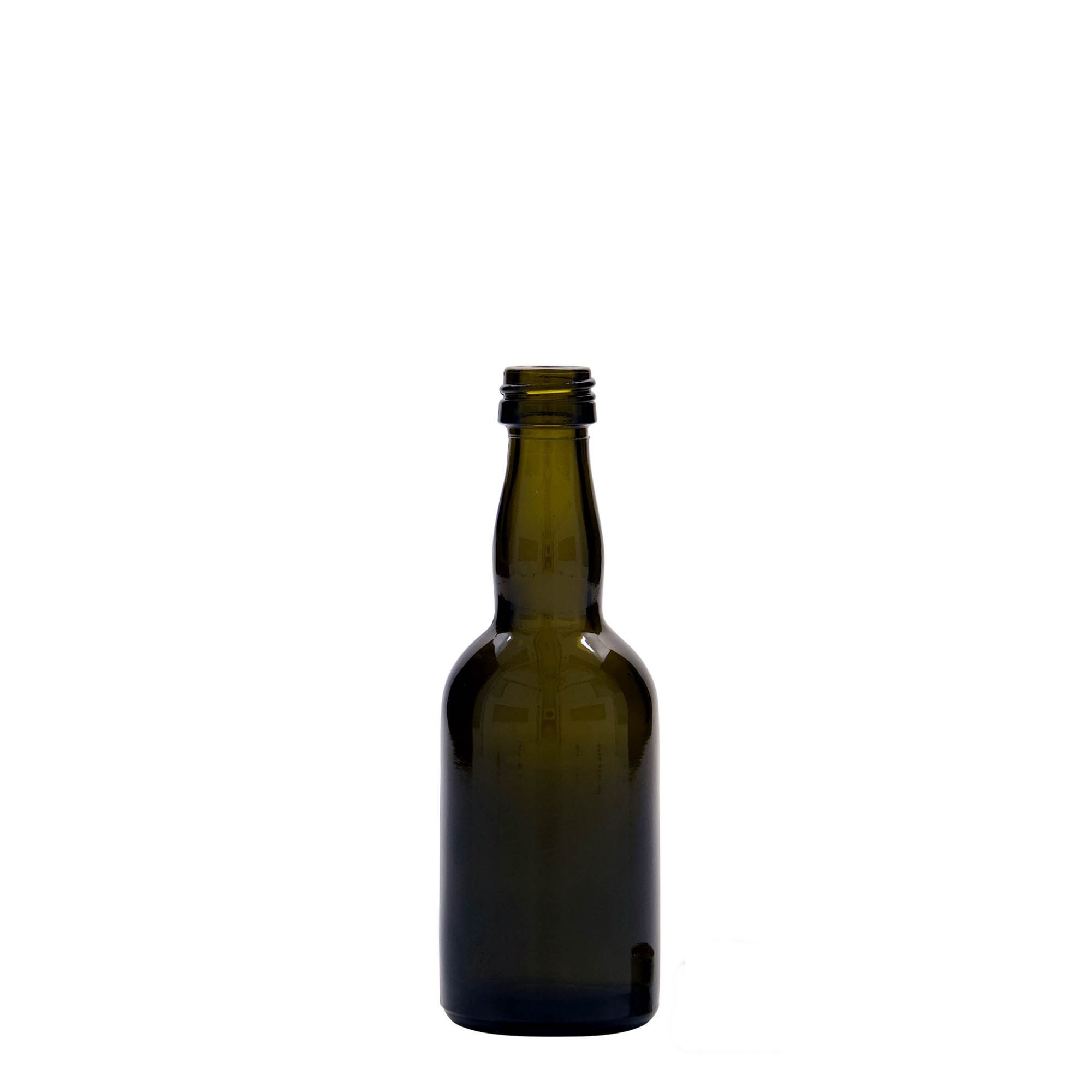 Botella de vidrio de 50 ml 'Proba', verde antiguo, boca: PP 18 Botella de vidrio de 50 ml 'Proba', verde antiguo, boca: PP 18