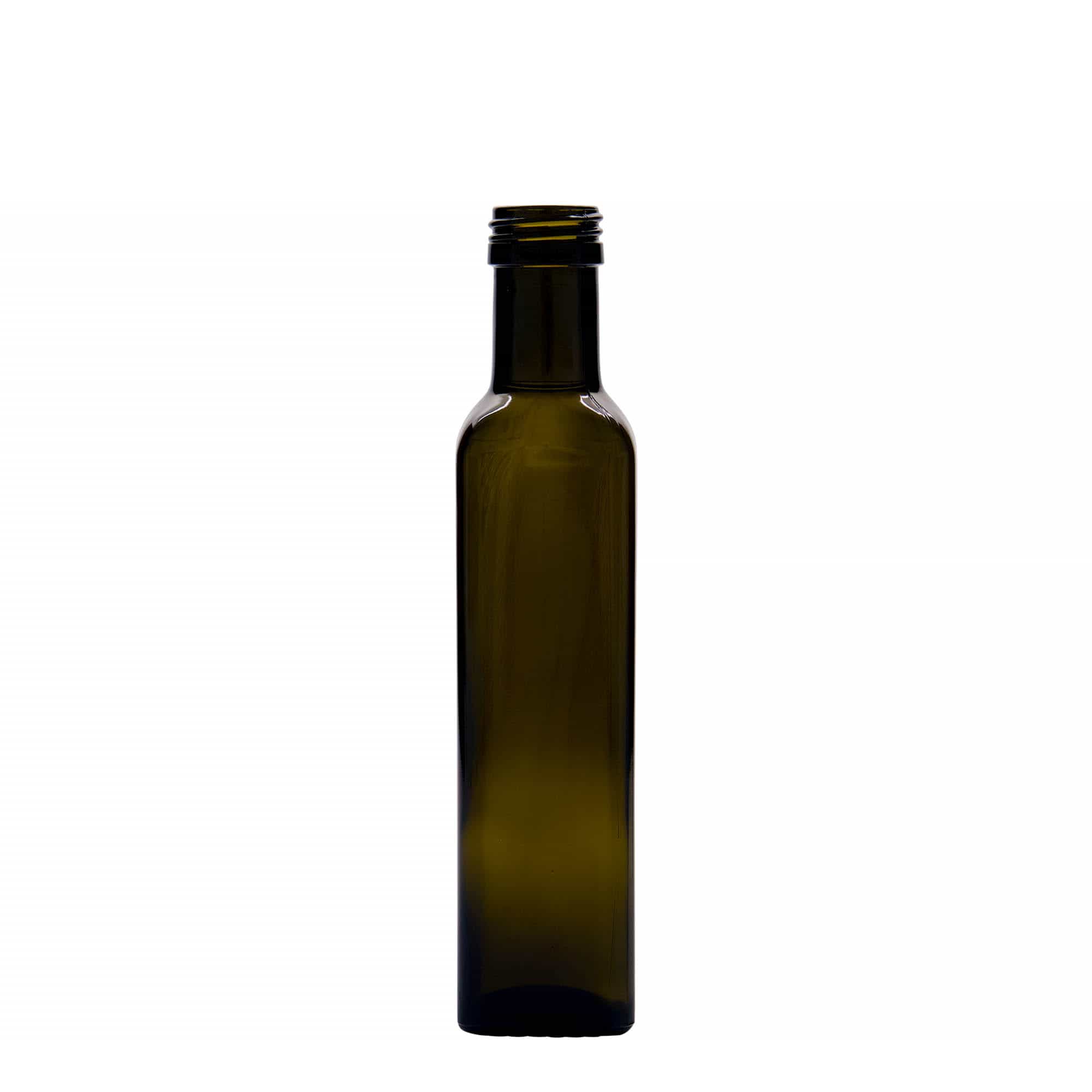 Botella de vidrio de 250 ml 'Marasca', cuadrada, verde antiguo, boca: PP 31,5 Botella de vidrio de 250 ml 'Marasca', cuadrada, verde antiguo, boca: PP 31,5