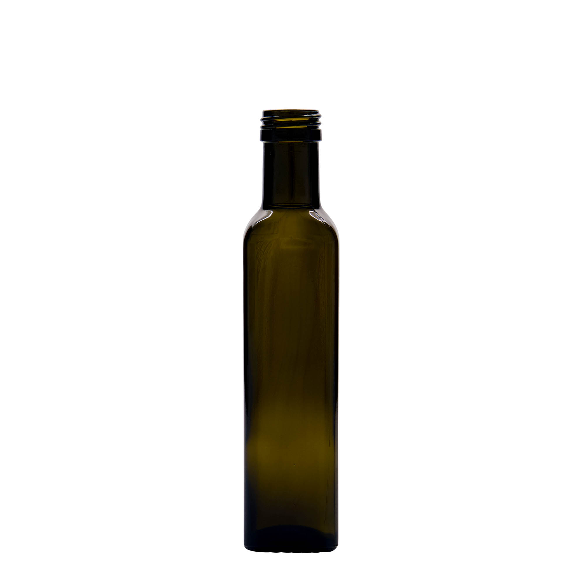 Botella de vidrio de 250 ml 'Marasca', cuadrada, verde antiguo, boca: PP 31,5 Botella de vidrio de 250 ml 'Marasca', cuadrada, verde antiguo, boca: PP 31,5