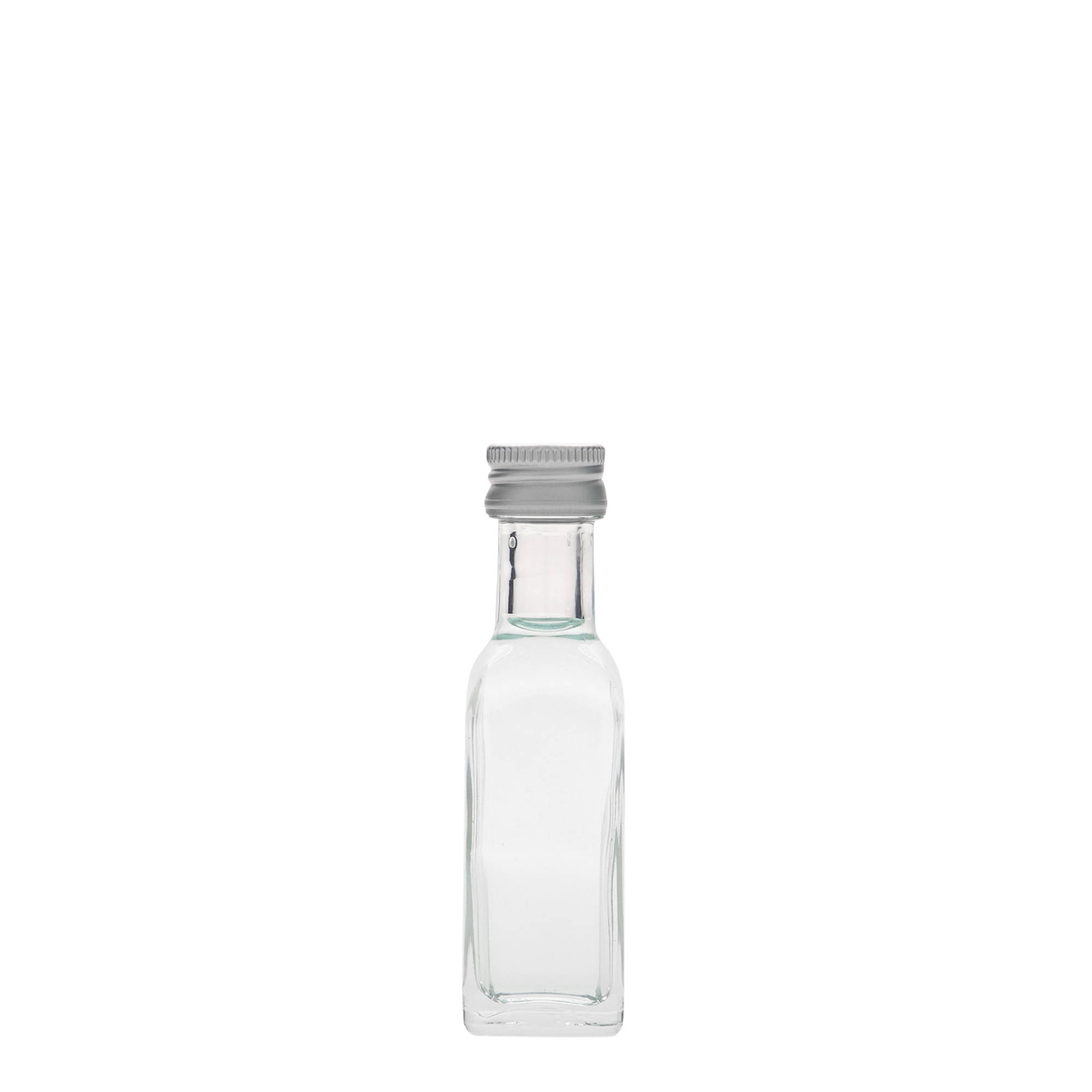 Botella de vidrio de 20 ml «Marasca», cuadrada, boca: PP 18