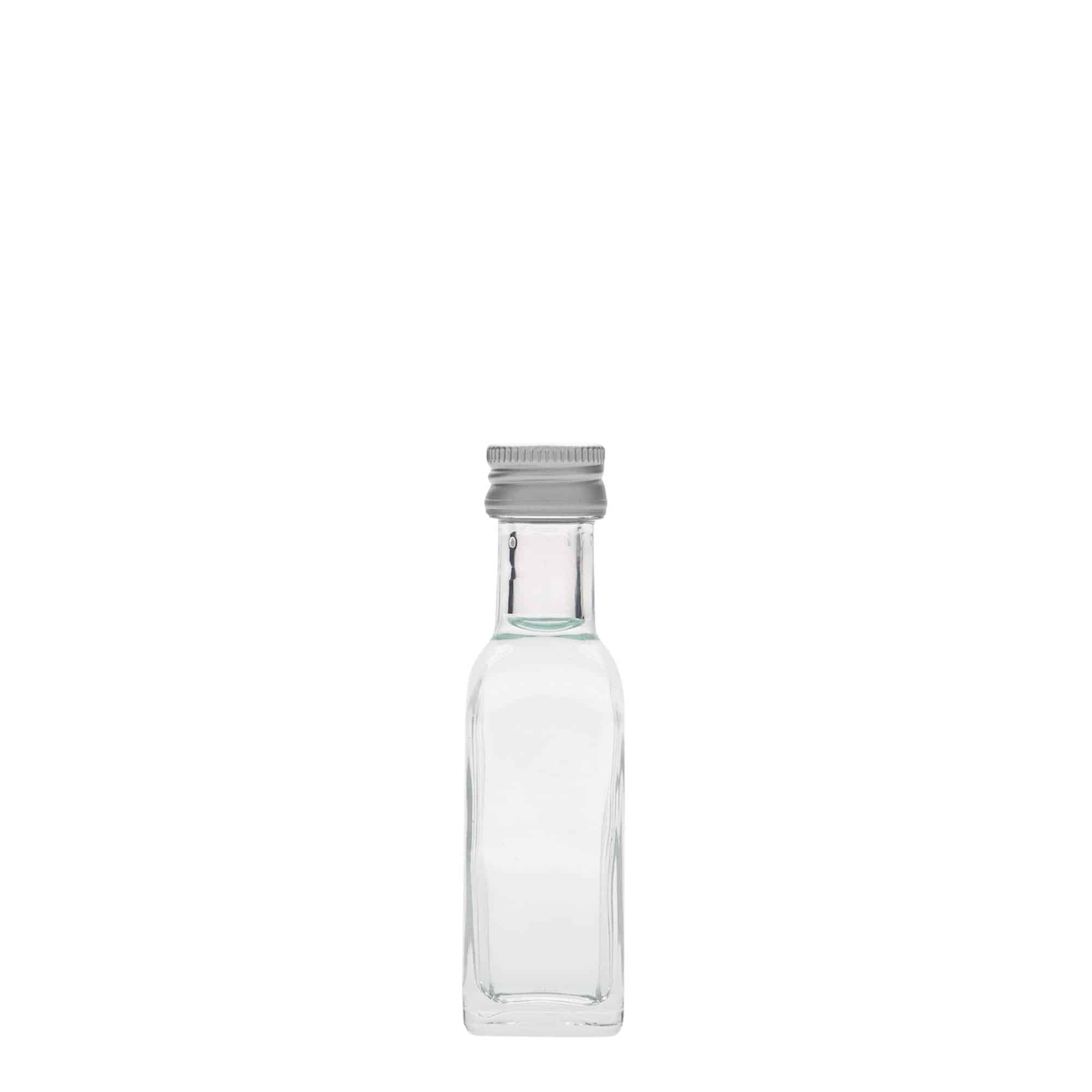 Botella de vidrio de 20 ml «Marasca», cuadrada, boca: PP 18