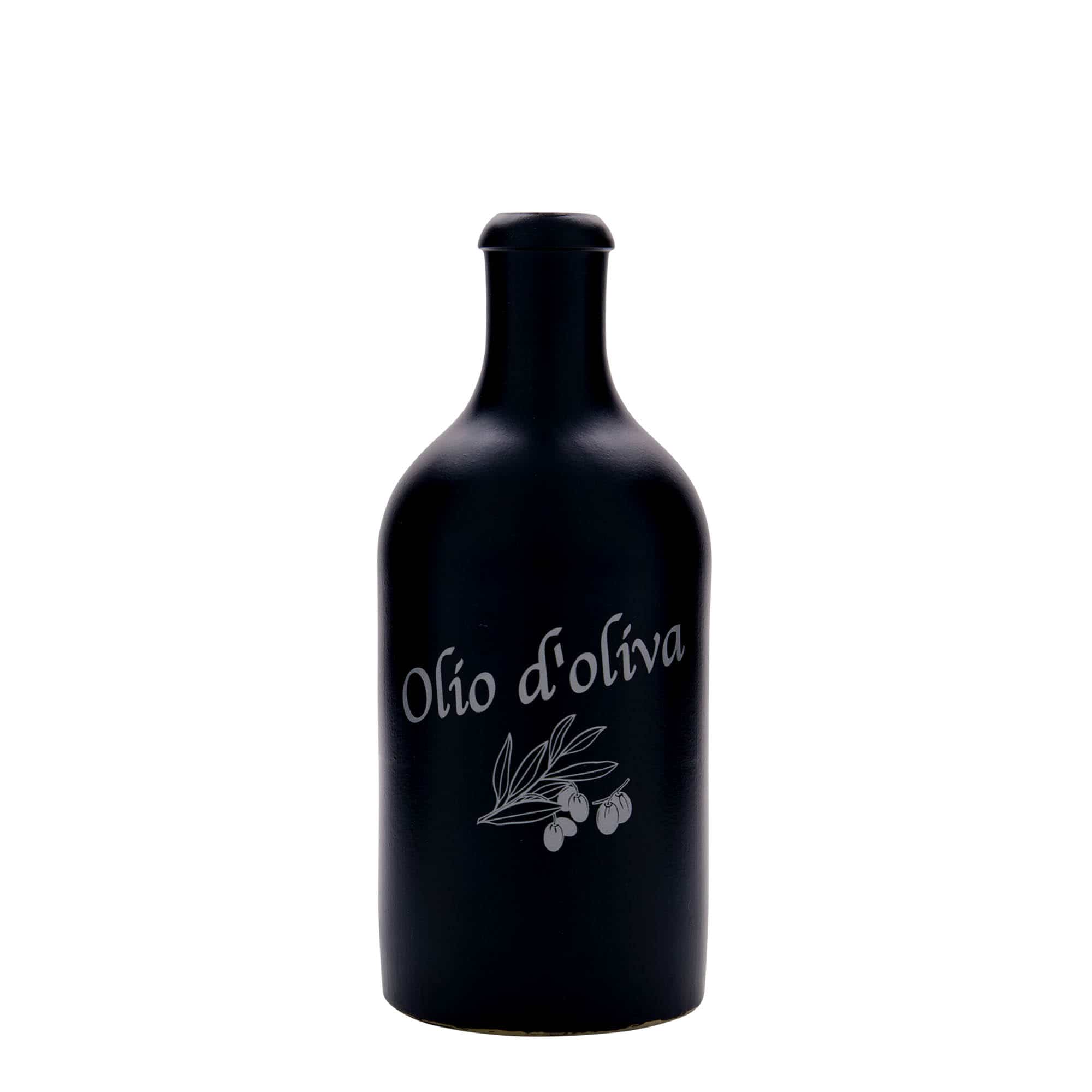 Jarra de barro de 500 ml, motivo: Olio d'Oliva, gres, negro, boca: corcho Jarra de barro de 500 ml, motivo: Olio d'Oliva, gres, negro, boca: corcho