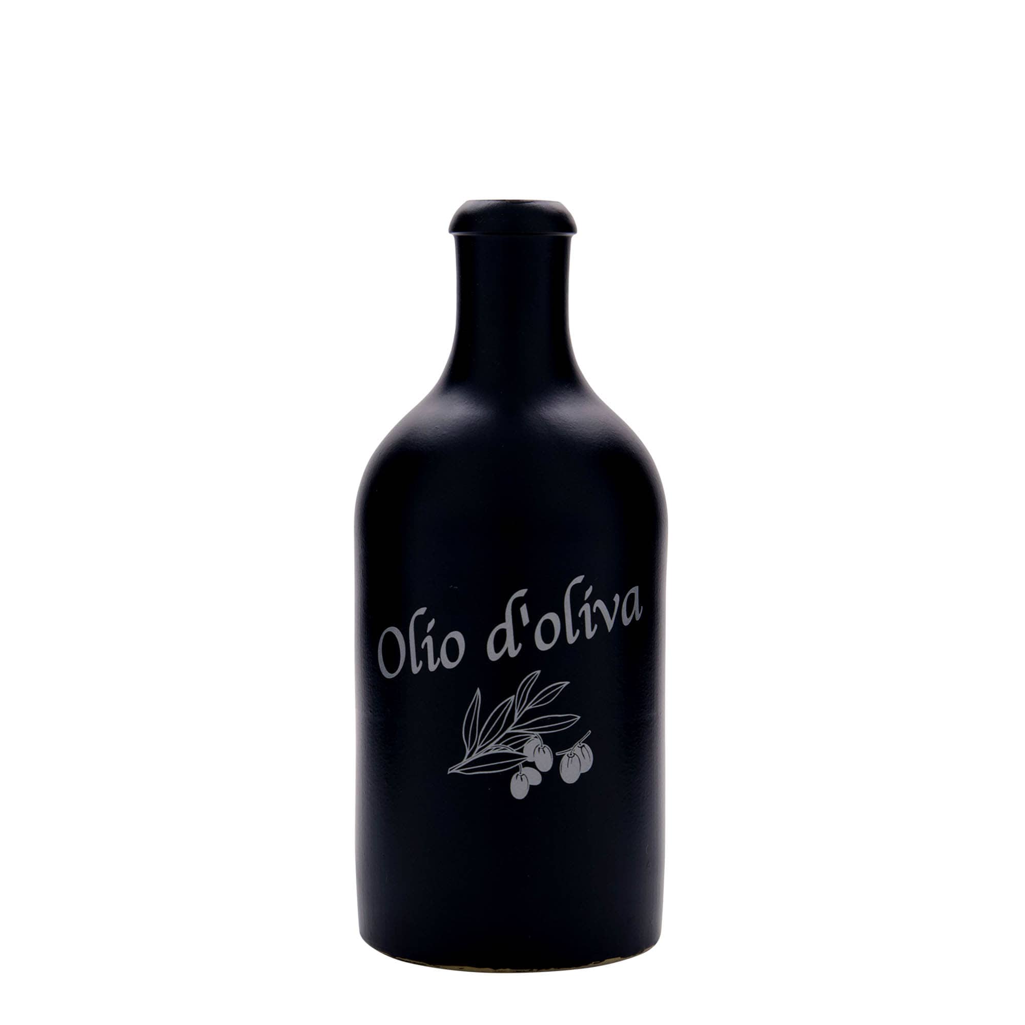 Jarra de barro de 500 ml, motivo: Olio d'Oliva, gres, negro, boca: corcho