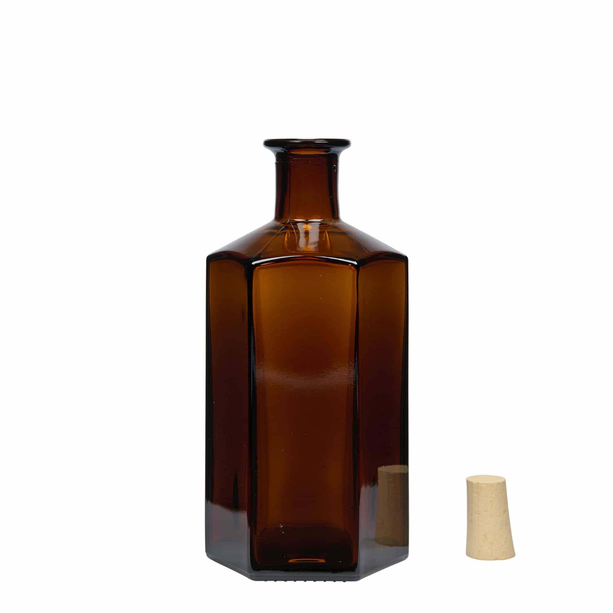 Botella de vidrio de farmacia 'Jimmy' de 500 ml. hexagonal. marrón. boca: corcho