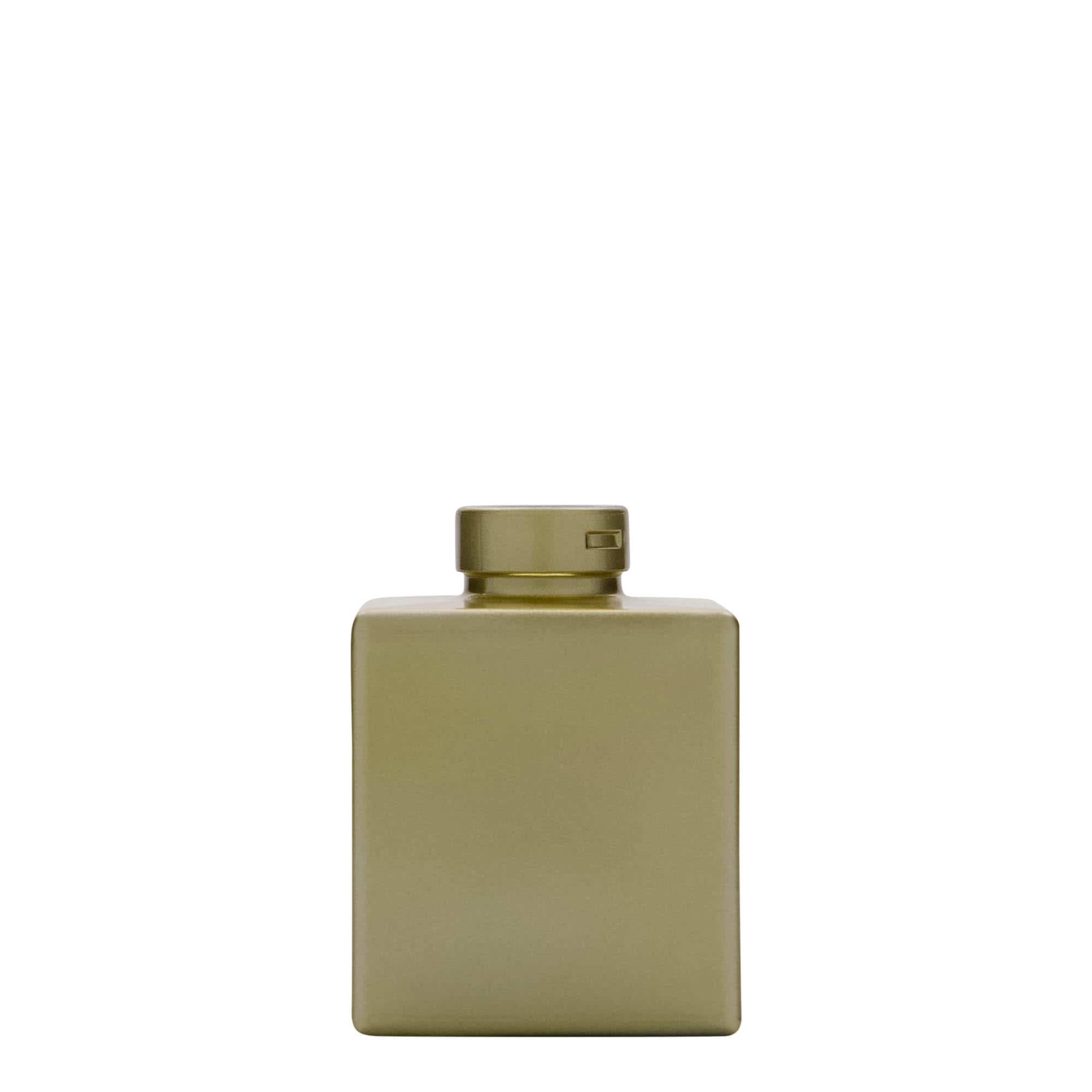 Botella de vidrio 'Cube' de 100 ml, cuadrada, dorado, boca: corcho