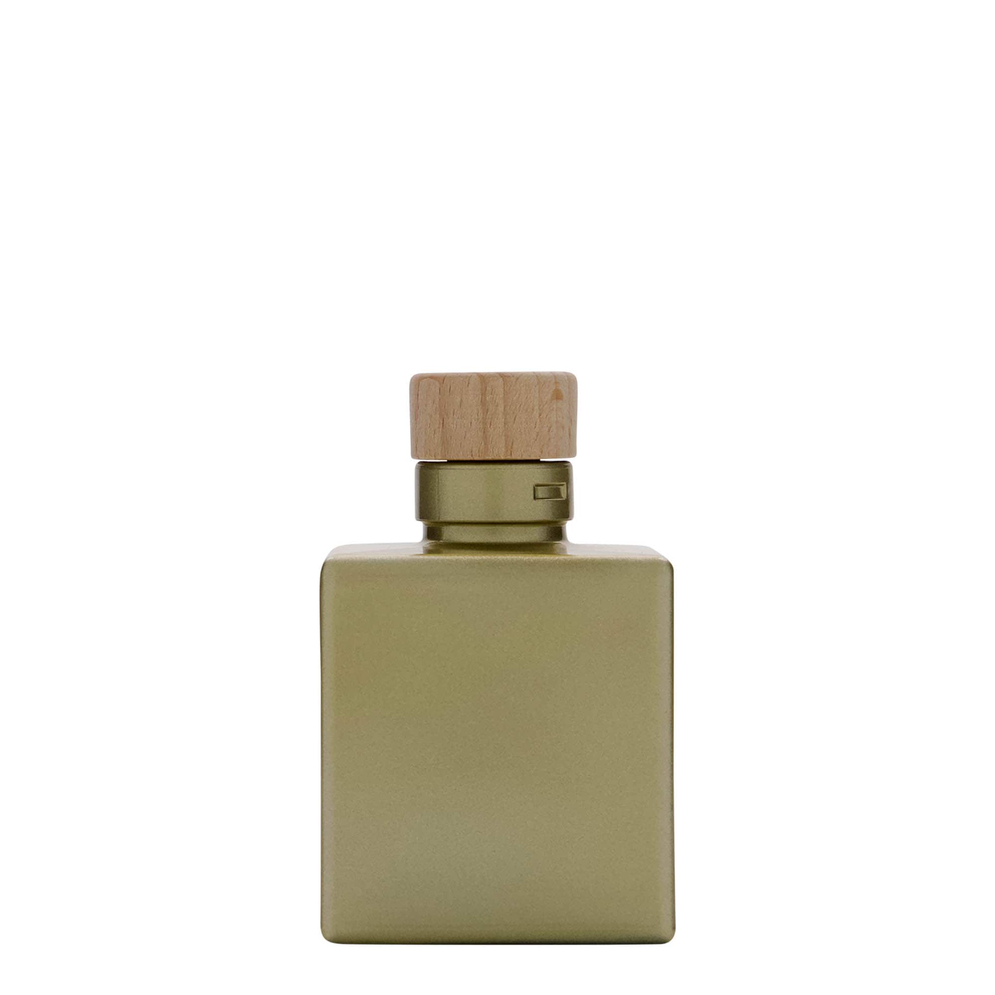 Botella de cristal de 100 ml 'Cube', cuadrada, dorada, boca: corcho
