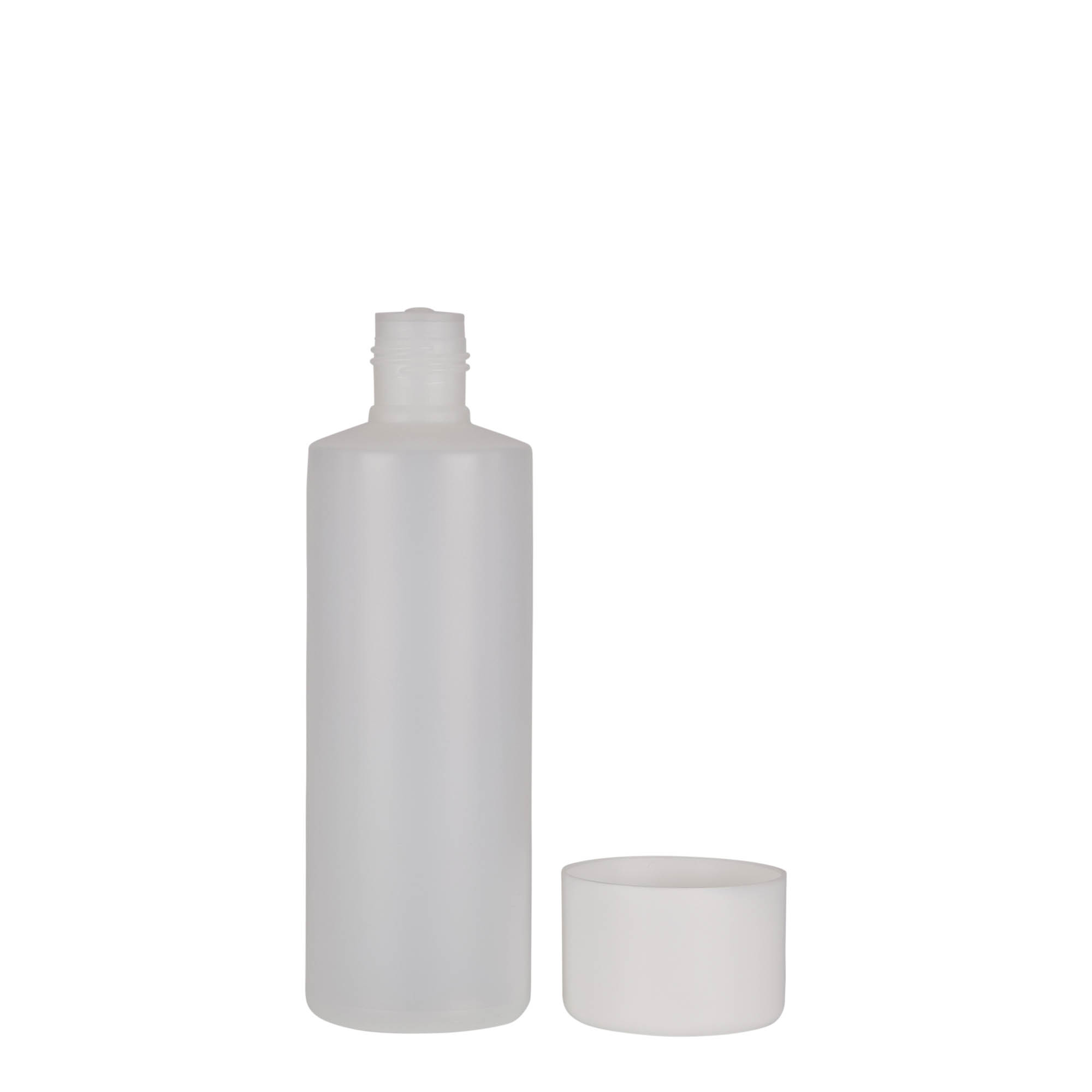 200 ml botella redonda, plástico PE, natural, boca: cierre de rosca