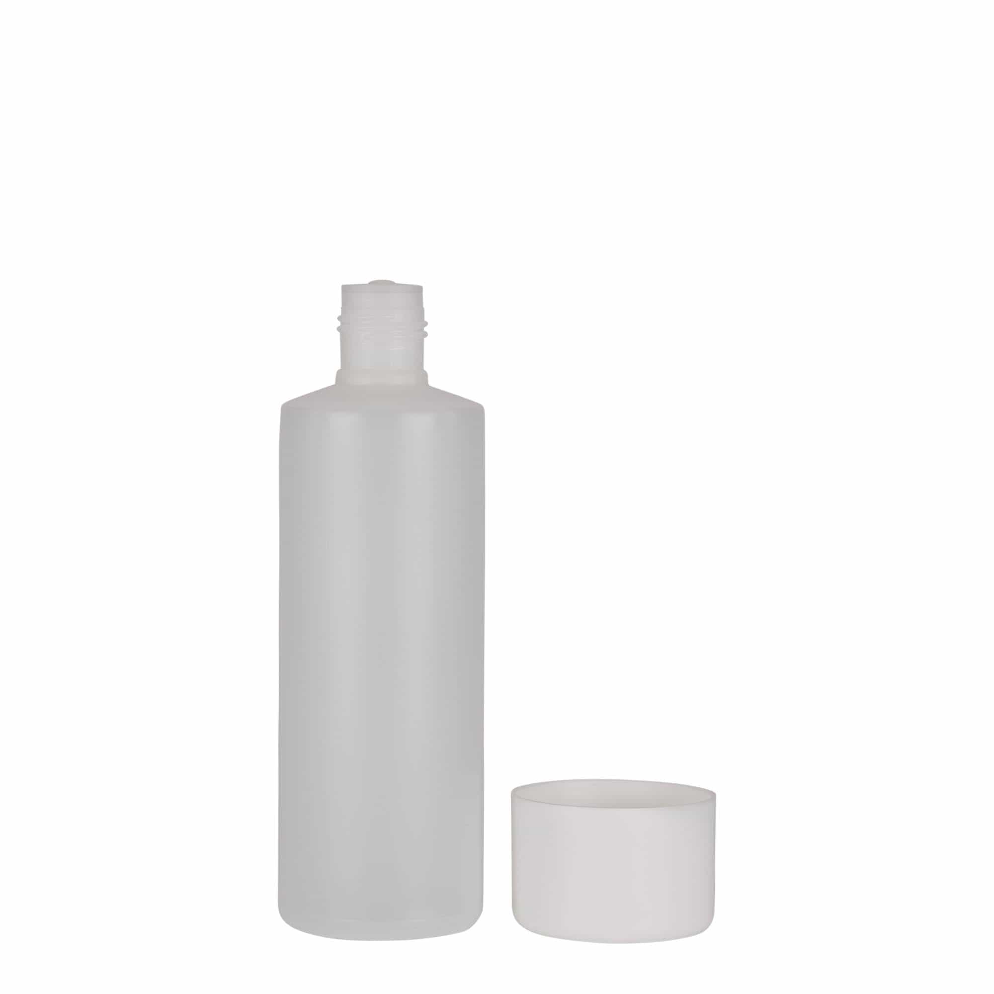 200 ml botella redonda, plástico PE, natural, boca: cierre de rosca