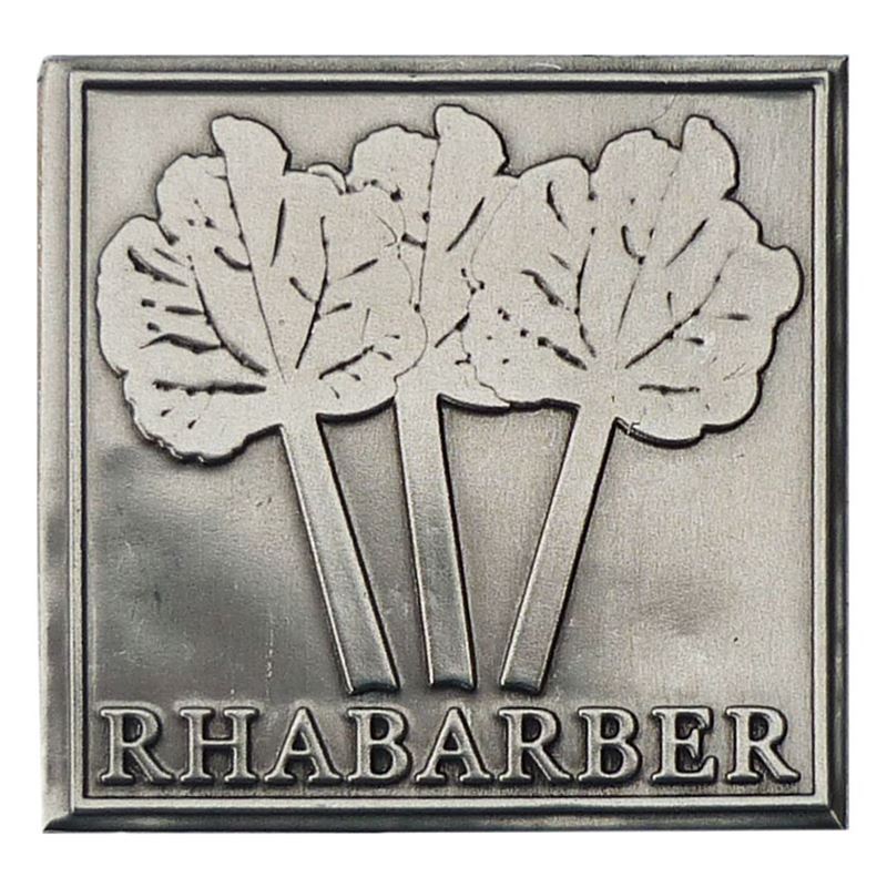 Etiqueta de estaño 'Ruibarbo', cuadrada, metal, plateado