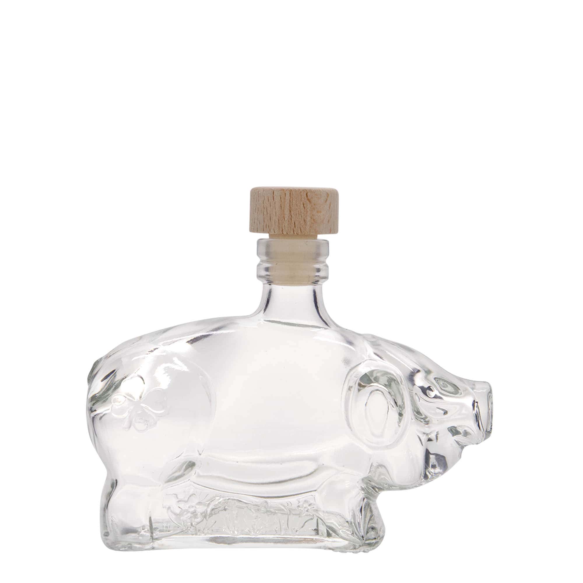 Botella de cristal de 200 ml 'Cerdito de la suerte', boca: corcho