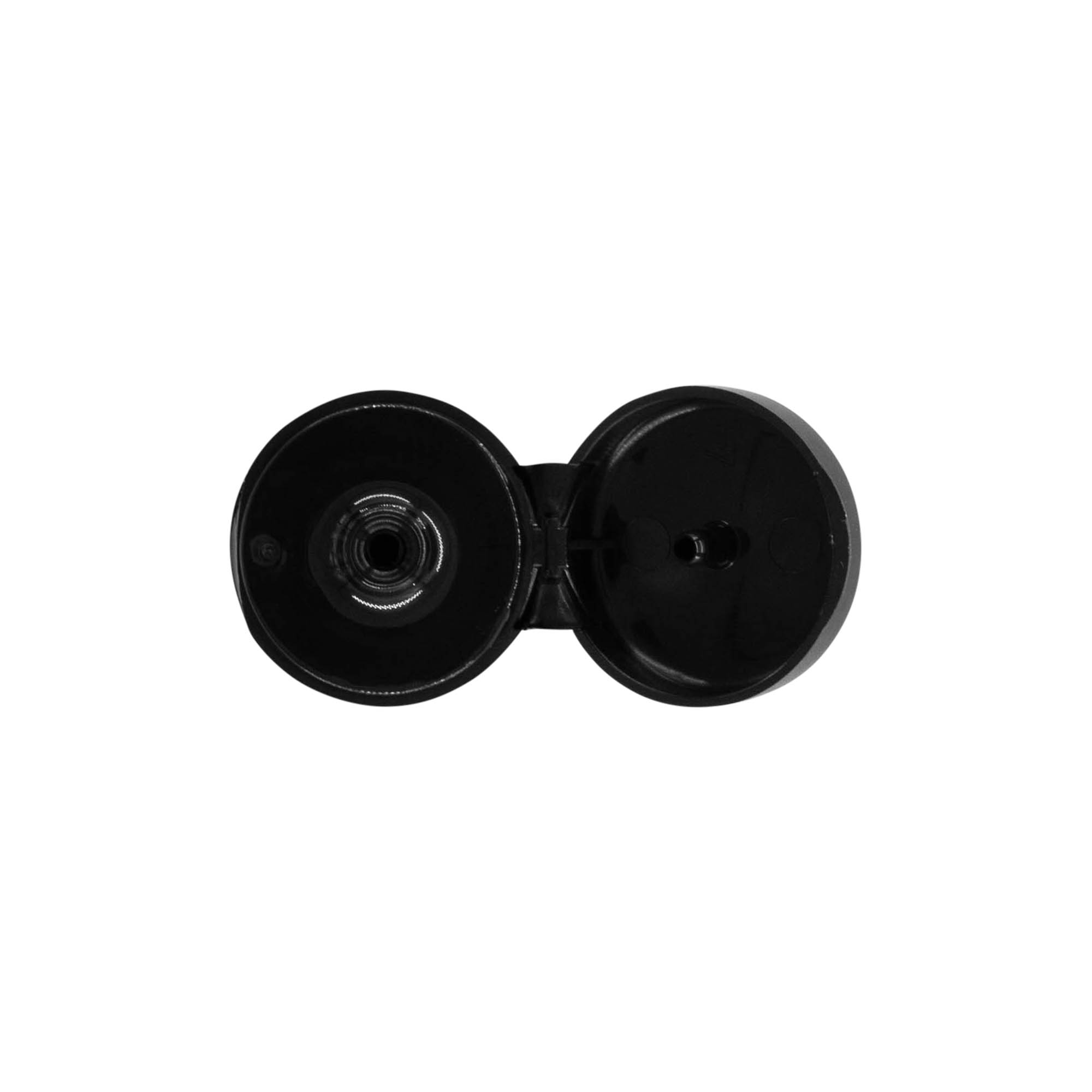 Tapa de rosca con bisagra abatible, plástico PP, negro, para boca: 20/410 Tapa de rosca con bisagra abatible, plástico PP, negro, para boca: 20/410
