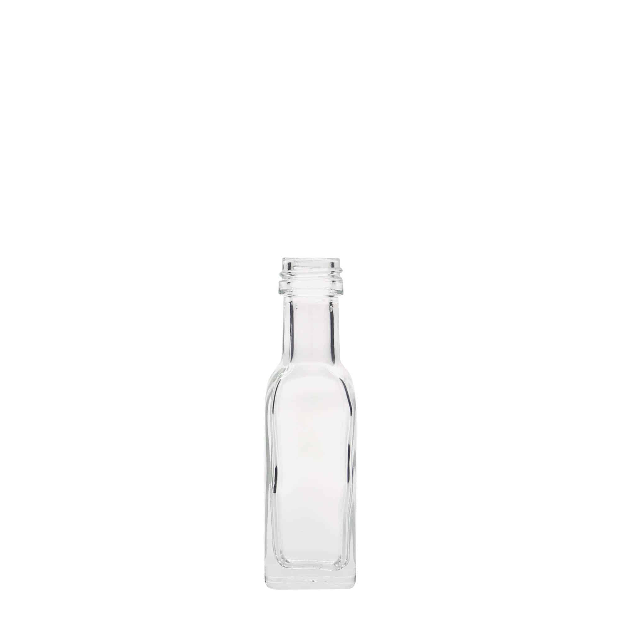 Botella de vidrio 'Marasca' de 20 ml, cuadrada, boca: PP 18 Botella de vidrio 'Marasca' de 20 ml, cuadrada, boca: PP 18