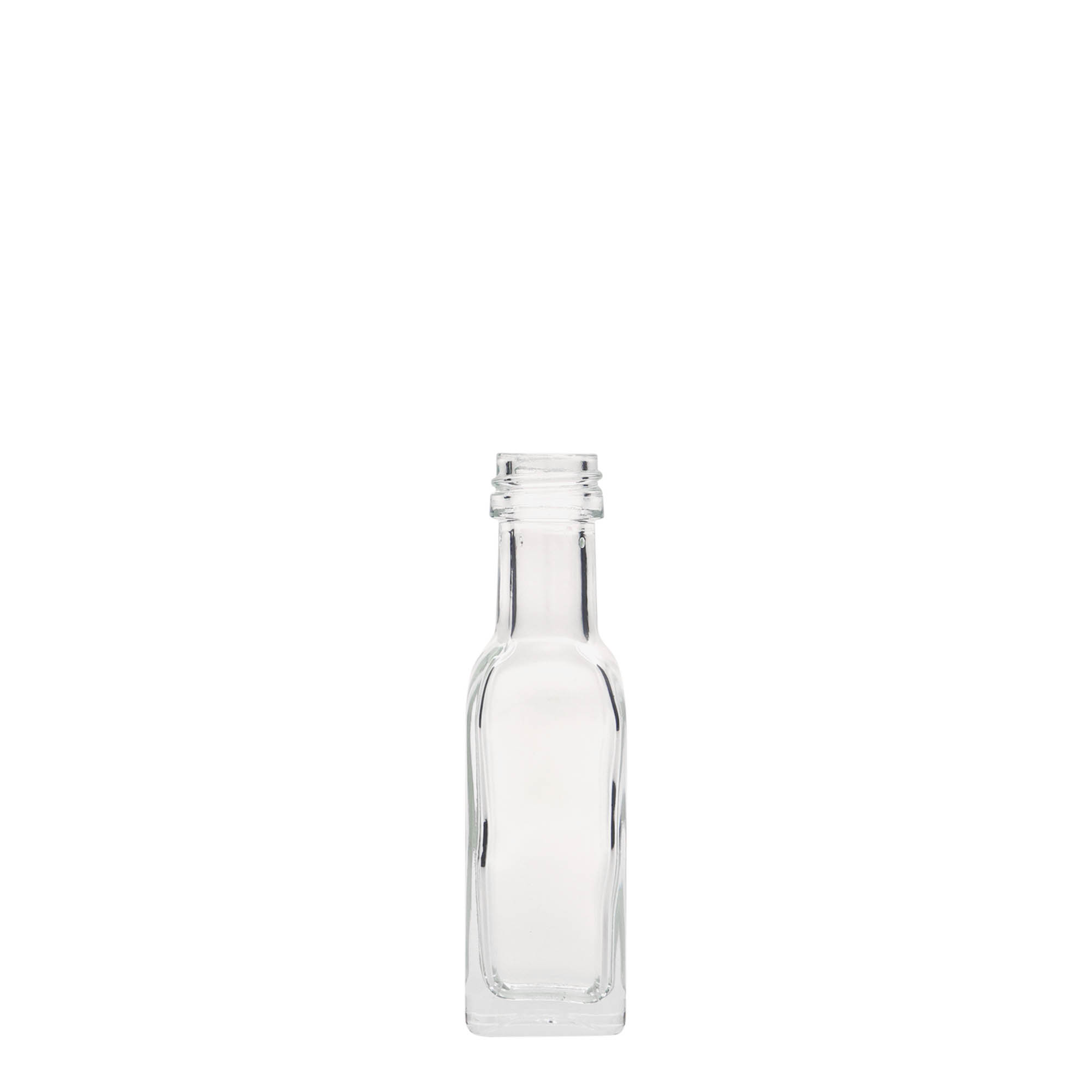 Botella de vidrio de 20 ml «Marasca», cuadrada, boca: PP 18
