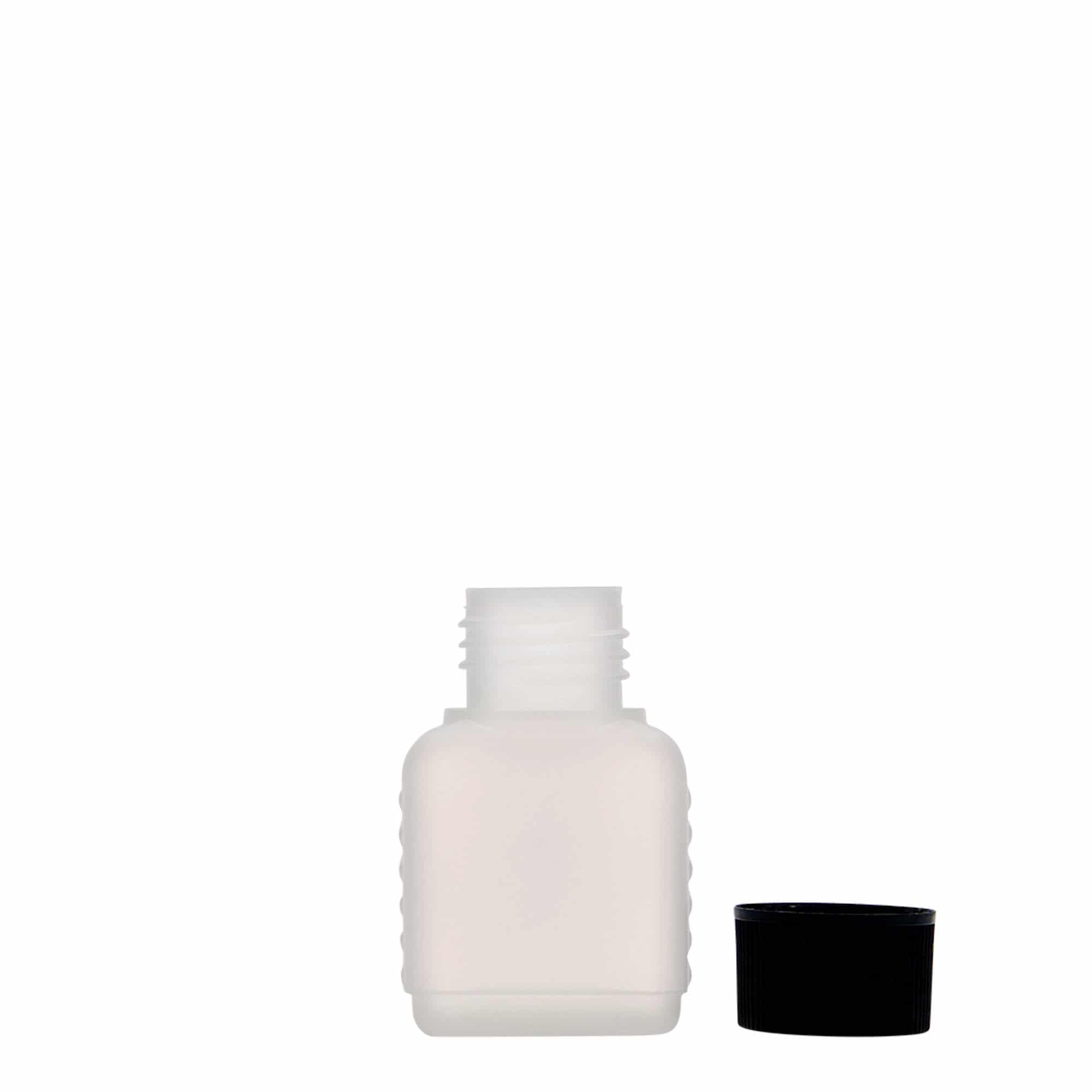 Botella bidón de 50 ml, rectangular, plástico de HDPE, natural, boca: DIN 25