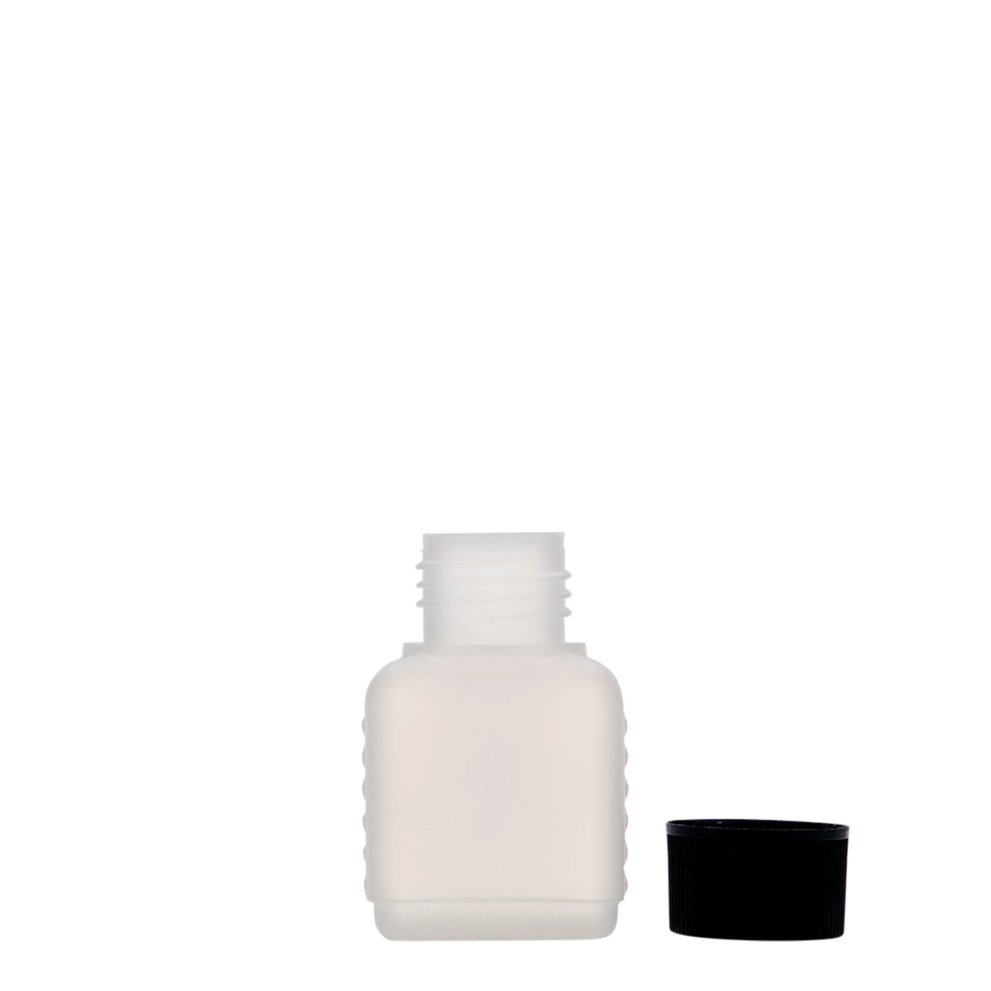 Botella de bidón de 50 ml, rectangular, plástico HDPE, natural, boca: DIN 25