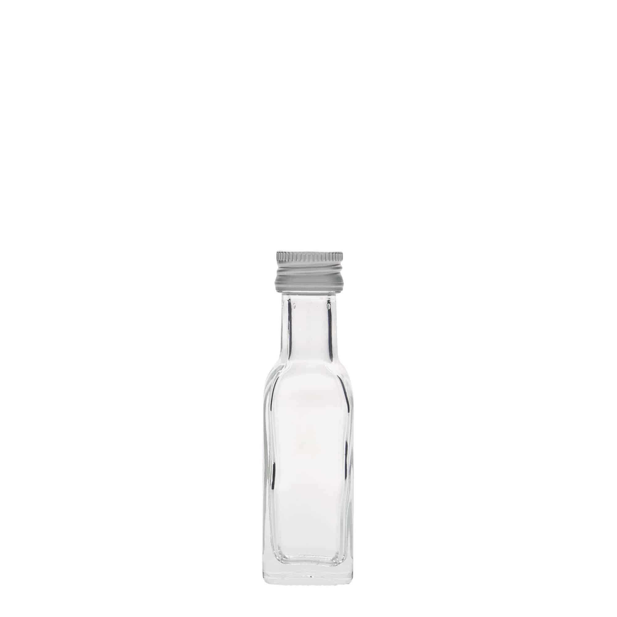 Botella de vidrio de 20 ml «Marasca», cuadrada, boca: PP 18