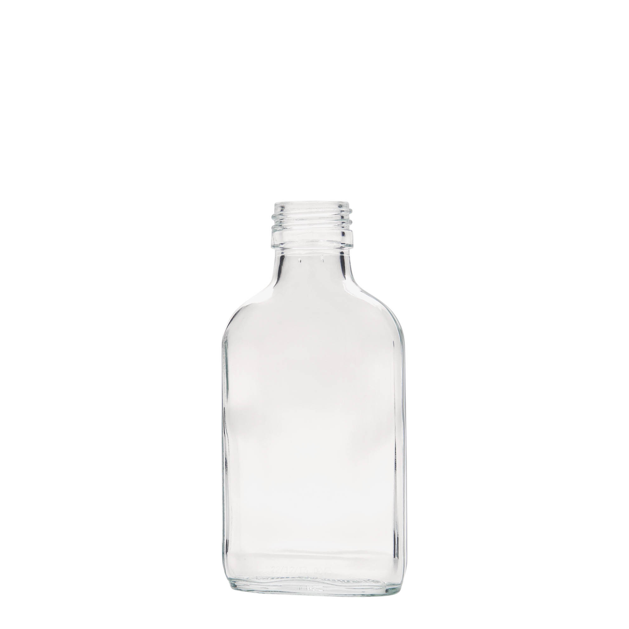 Botella de bolsillo de 100 ml, rectangular, vidrio, boca: PP 28 Botella de bolsillo de 100 ml, rectangular, vidrio, boca: PP 28