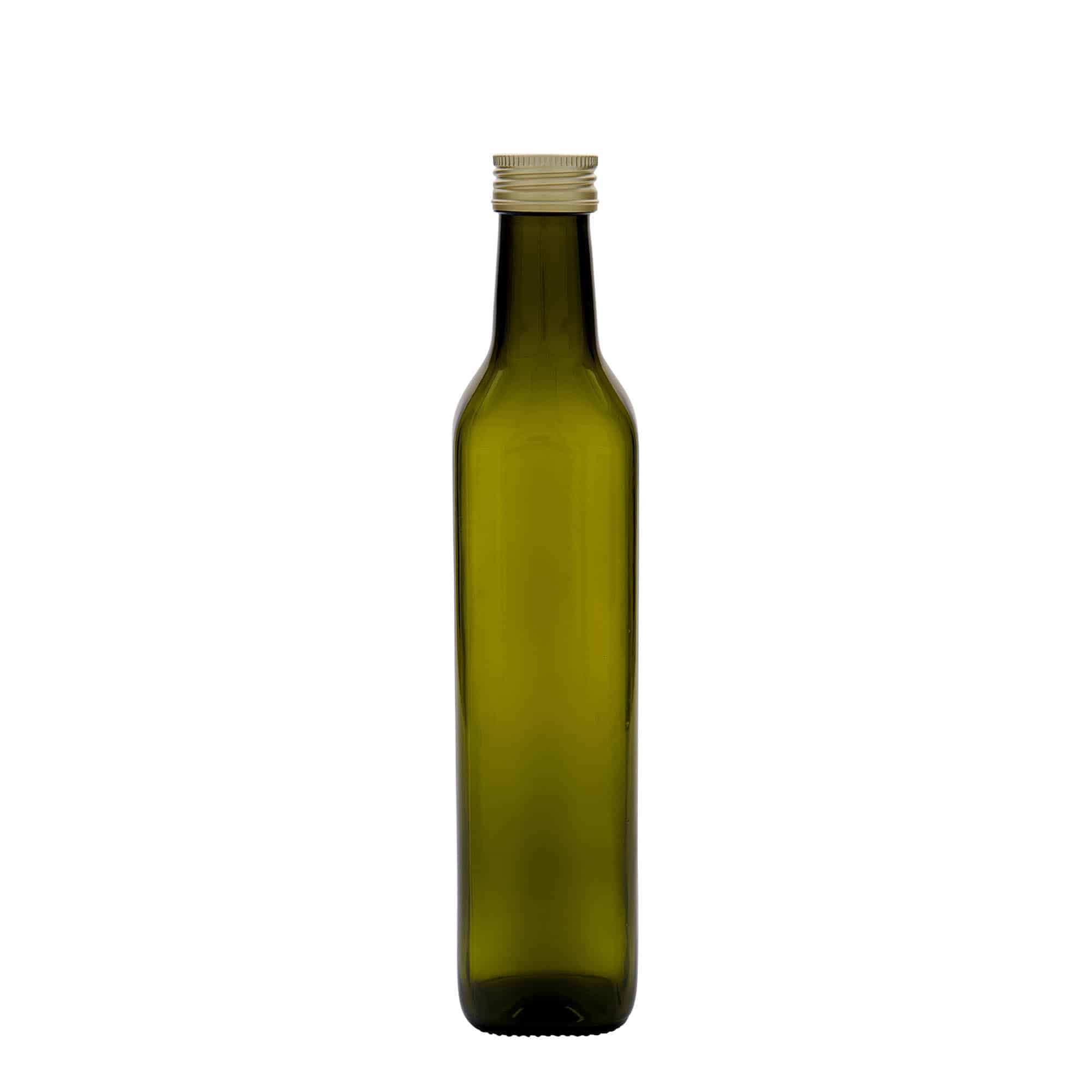 Botella de vidrio de 500 ml «Marasca», cuadrada, verde antiguo, boca: PP 31,5