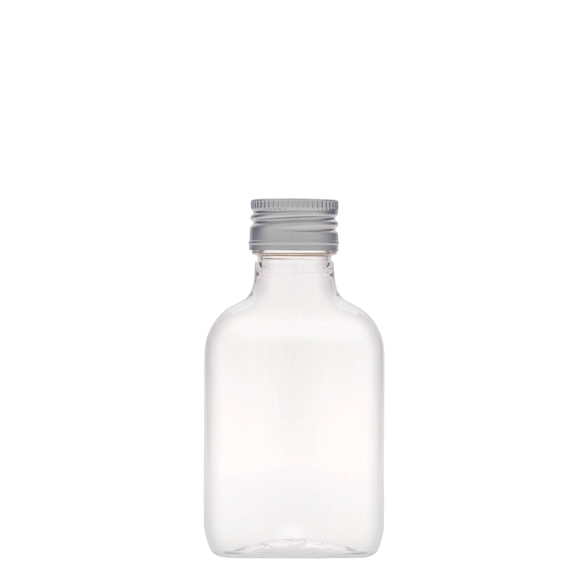 Botella de bolsillo de 100 ml, ovalada, plástico PET, boca: PP 28