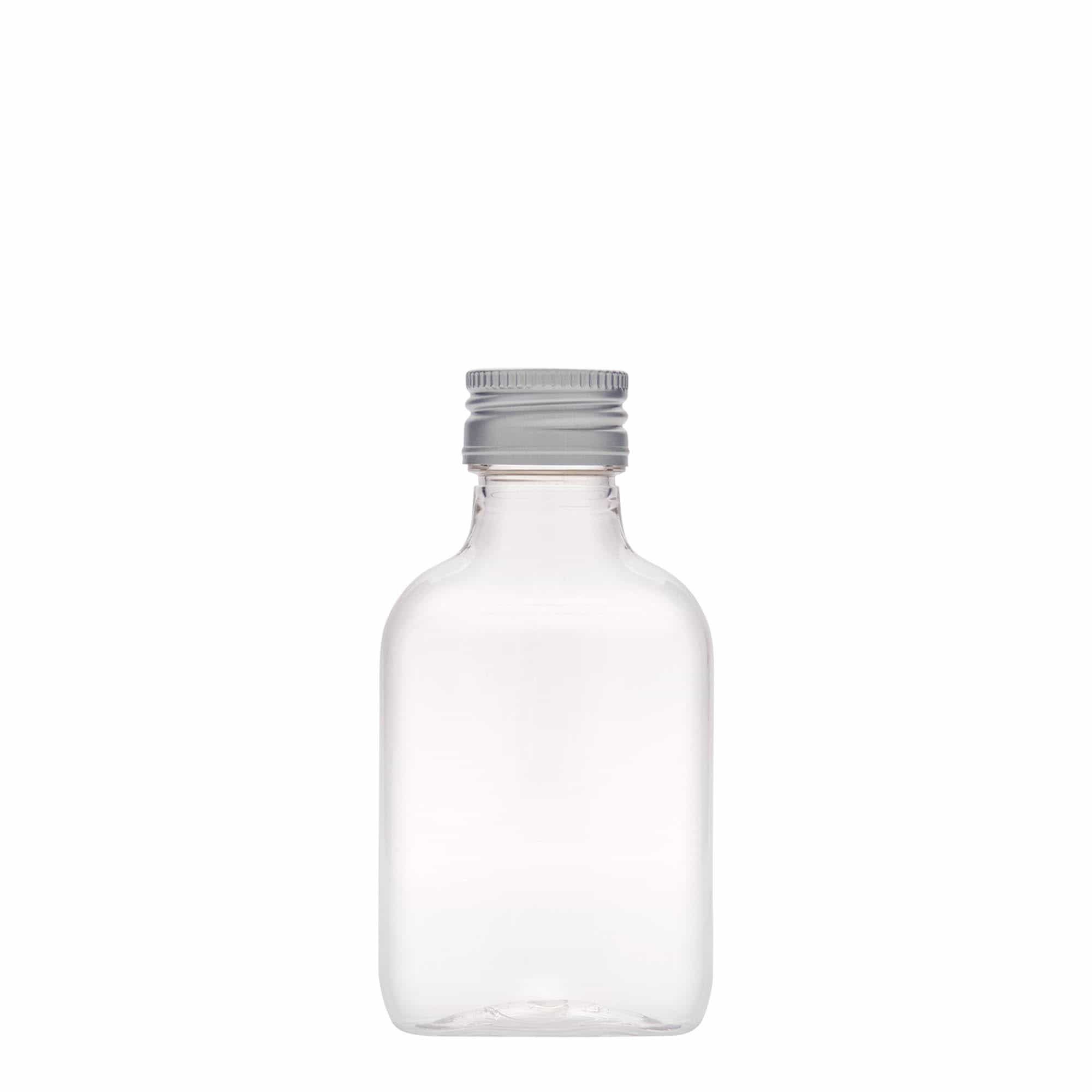 Botella de bolsillo de 100 ml, ovalada, plástico PET, boca: PP 28