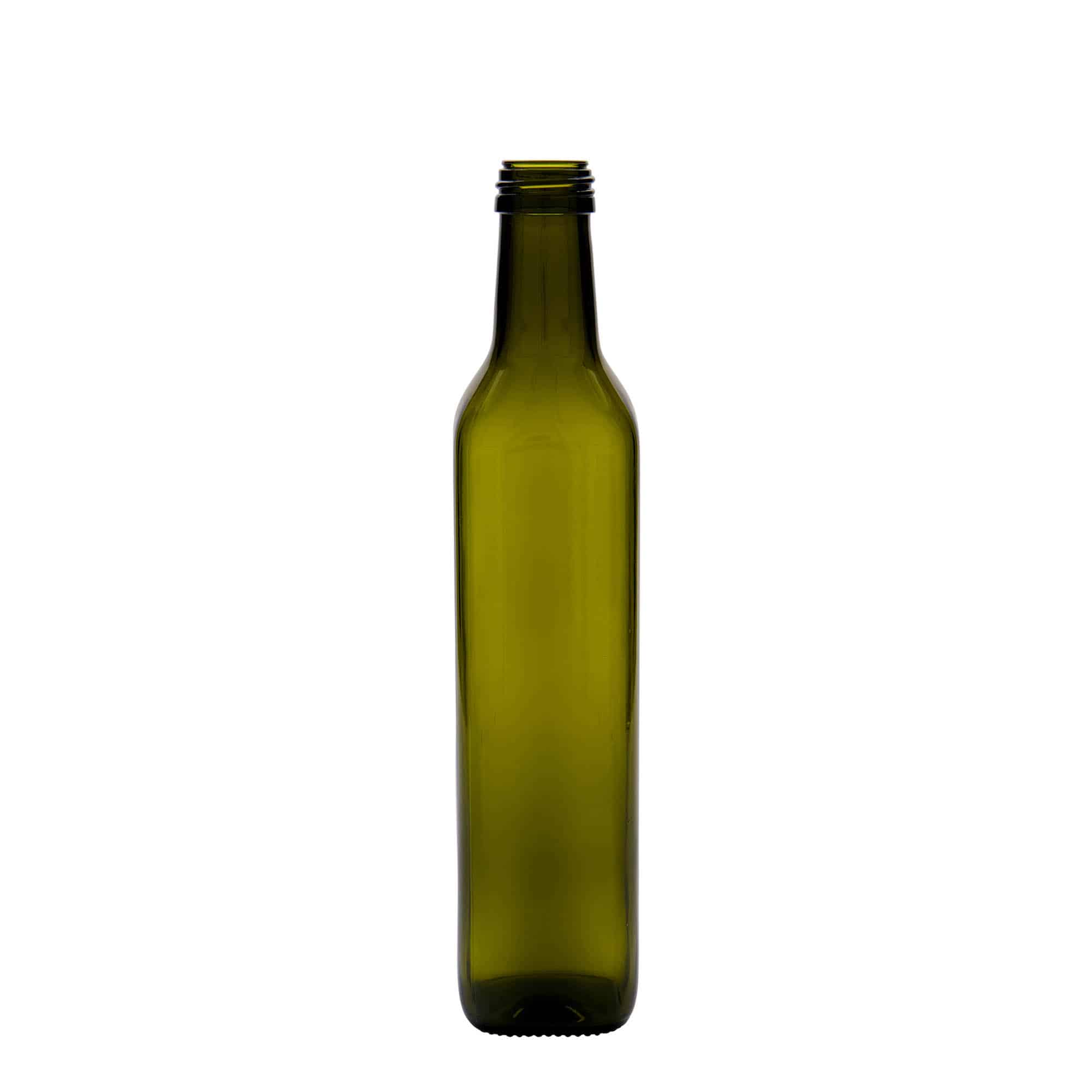 Botella de vidrio 'Marasca' de 500 ml, cuadrada, verde antiguo, boca: PP 31,5 Botella de vidrio 'Marasca' de 500 ml, cuadrada, verde antiguo, boca: PP 31,5