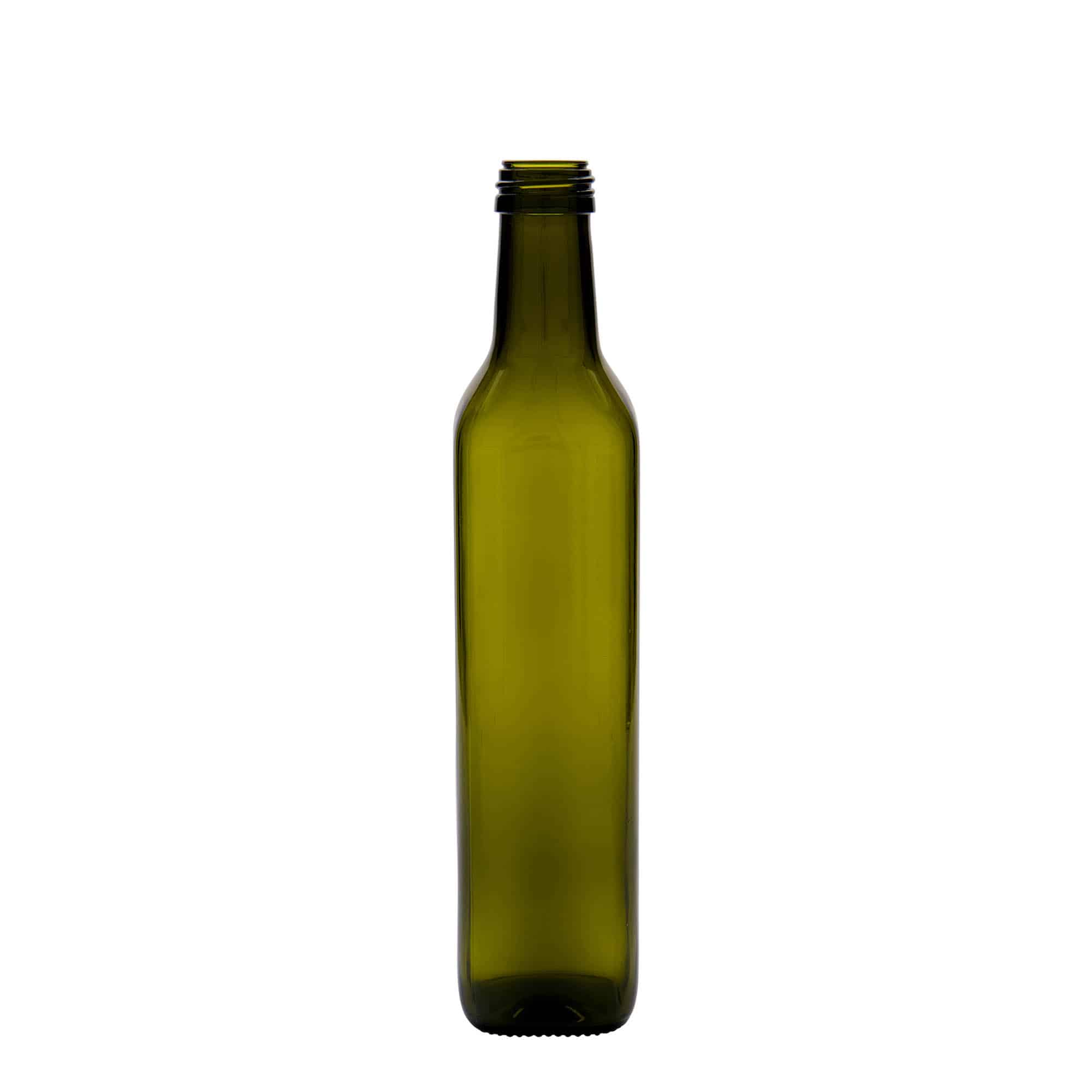Botella de vidrio de 500 ml 'Marasca', cuadrada, verde antiguo, boca: PP 31,5