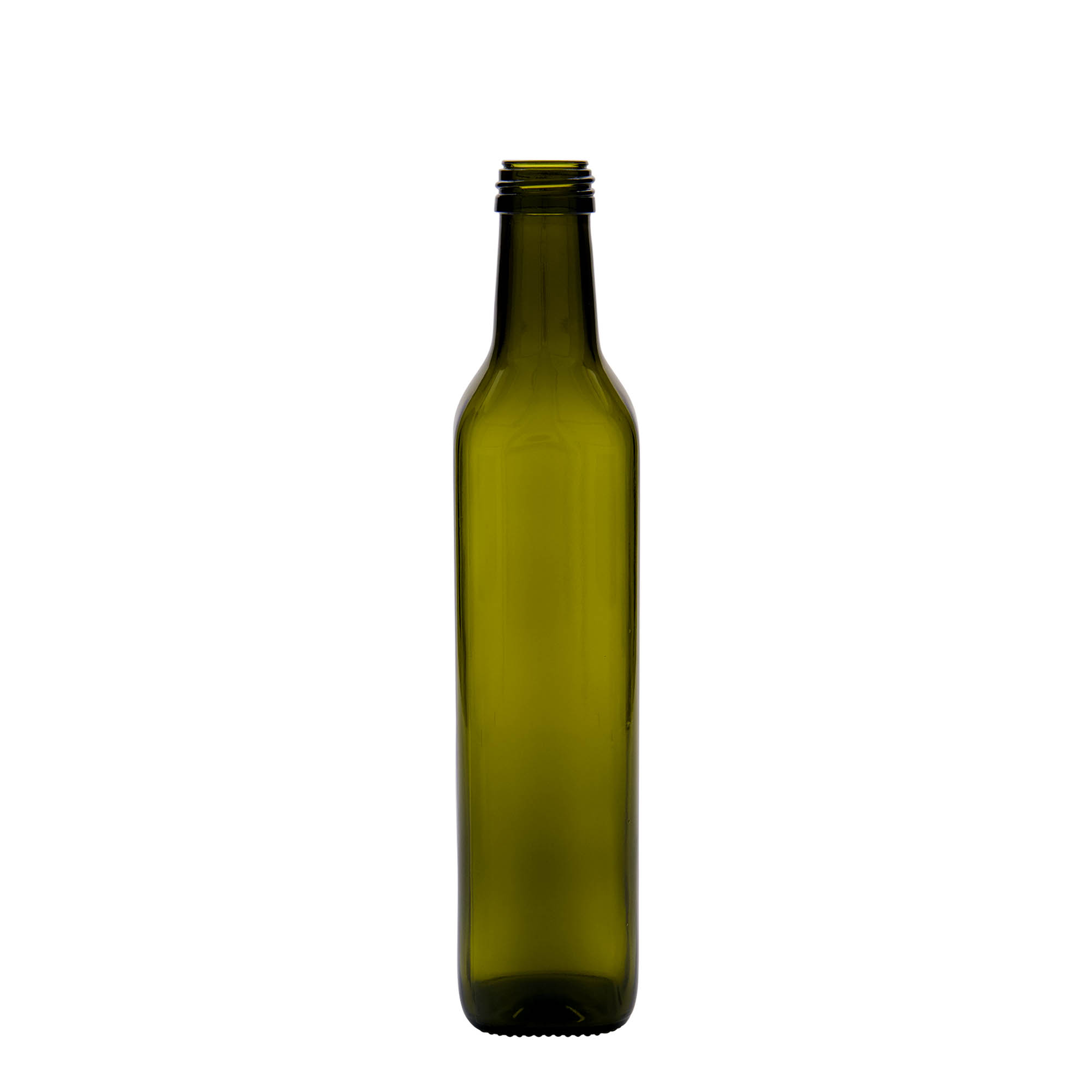 Botella de vidrio de 500 ml «Marasca», cuadrada, verde antiguo, boca: PP 31,5